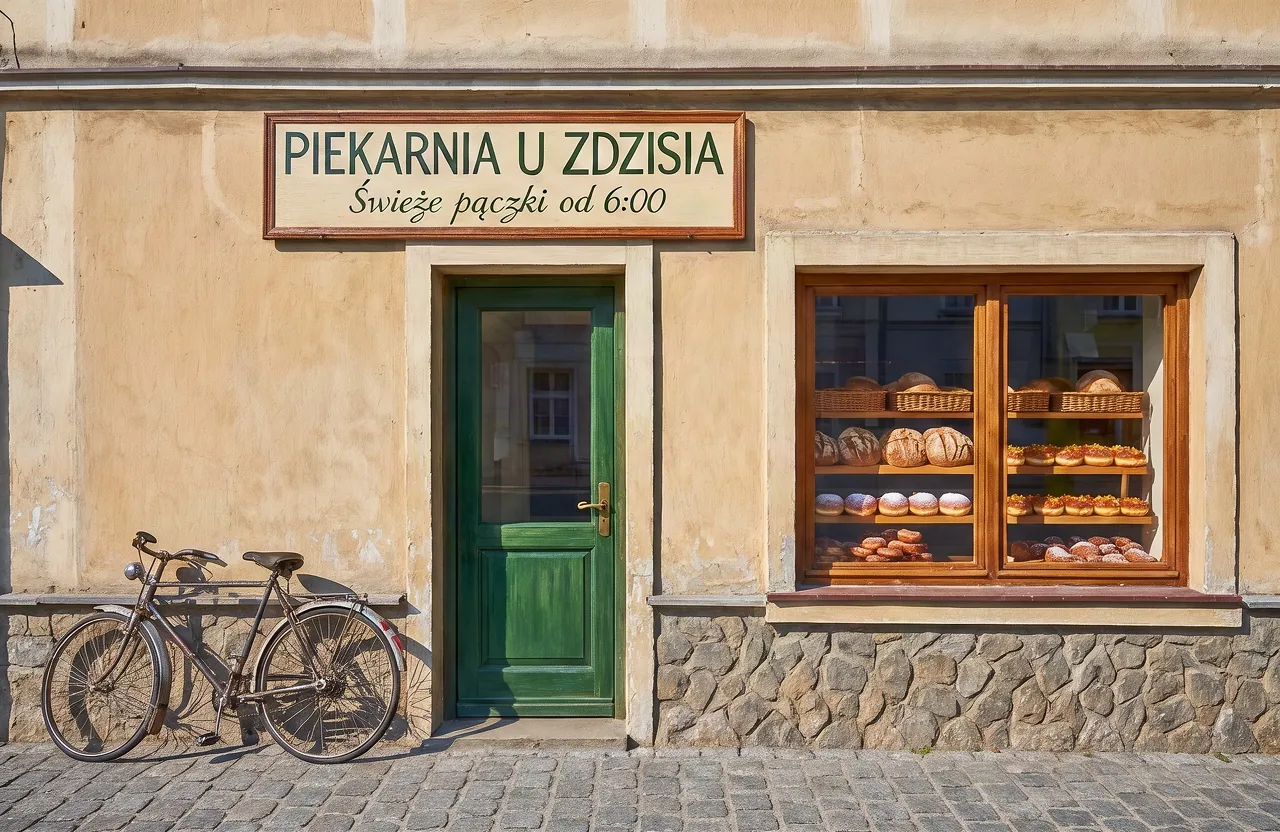 Skrót promptu: Szyld „PIEKARNIA U ZDZISIA” i „Świeże pączki od 6:00”
