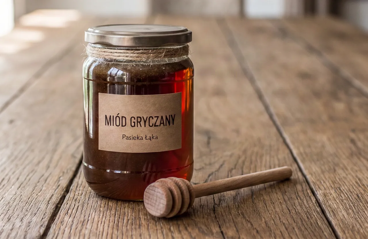 Skrót promptu: Słoik z etykietą „MIÓD GRYCZANY” i „Pasieka Łąka”