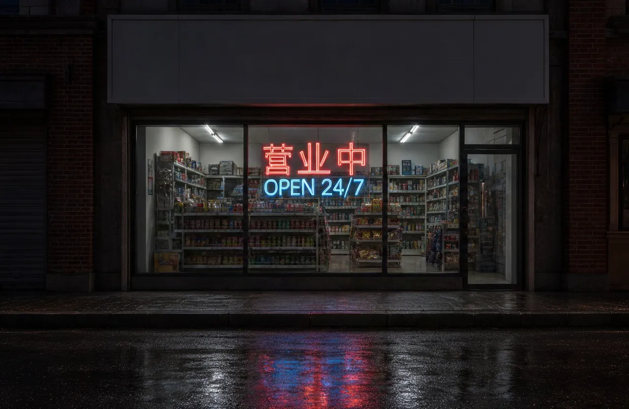 Skrót promptu: Neon „营业中” nad „OPEN 24/7”