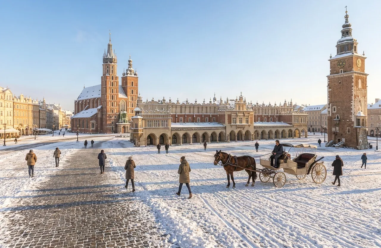 Skrót promptu: Zmień nocny Rynek w zimowe popołudnie, zachowaj architekturę