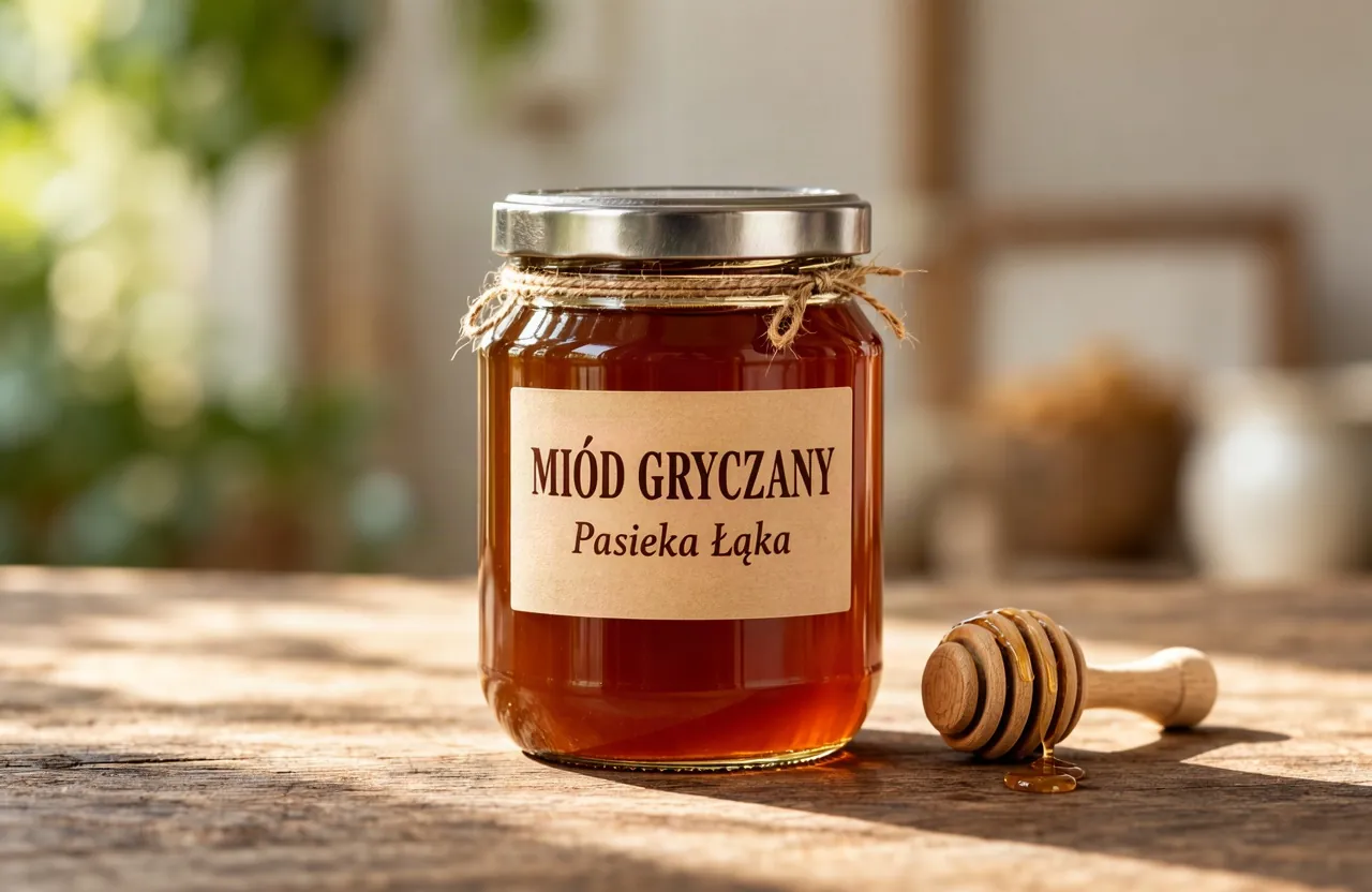 Packshot miodu - etykieta poprawna, ciepłe światło