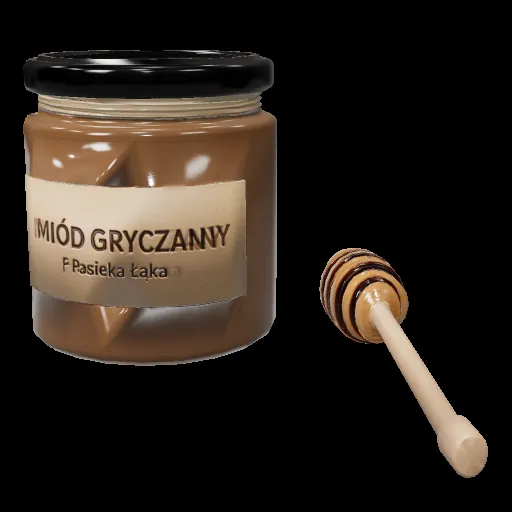 kształt słoika i łyżki dobry, etykieta rozmyta, miód nieprzezroczysty