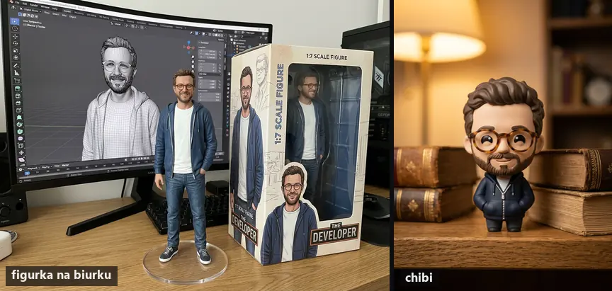 Dwa warianty figurki AI: realistyczna figurka 1:7 na biurku obok monitora z modelem 3D i mała figurka chibi na półce z książkami