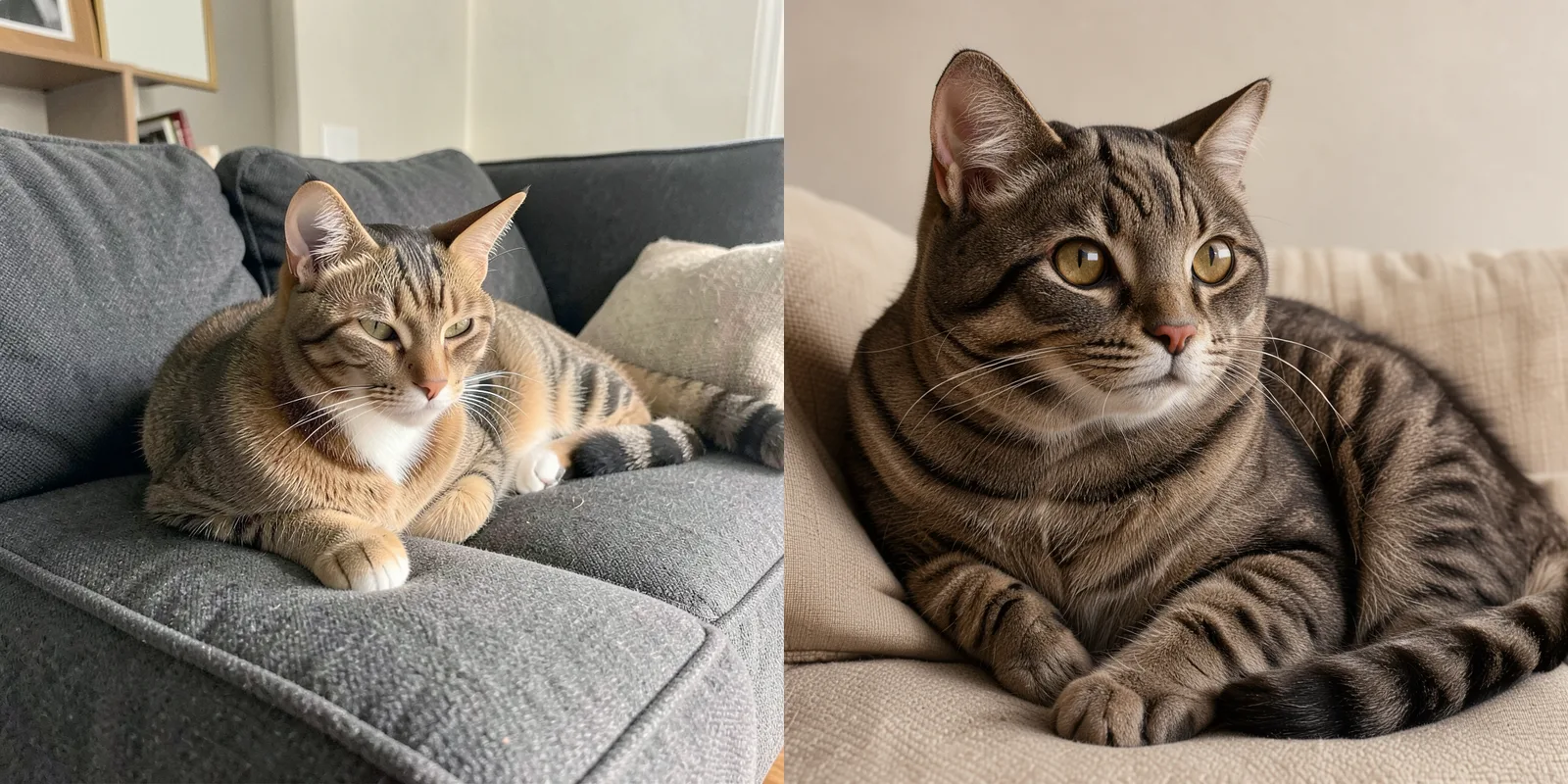 Pięć słów „a cat on a sofa”: FLUX.2 po lewej zrobił naturalne zdjęcie z mieszkania, FLUX 3 po prawej kota na beżowych poduszkach.