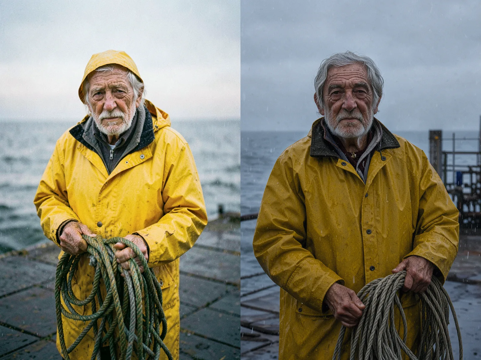 Portret rybaka: FLUX.2 po lewej dał szerszy kadr z kapturem, FLUX 3 po prawej bliższy, z mocniejszą fakturą skóry