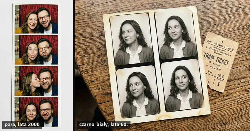 Pasek z fotobudki AI dla pary w stylu lat 2000 i czarno-białe zdjęcia z fotobudki w stylu lat 60.