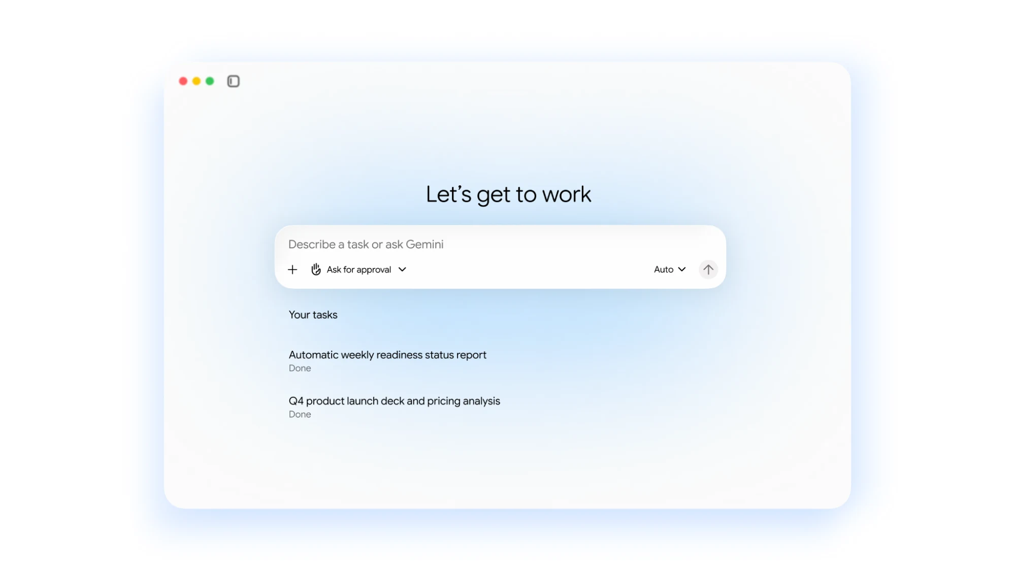 Okno Gemini agent z polem Describe a task or ask Gemini i listą ukończonych zadań