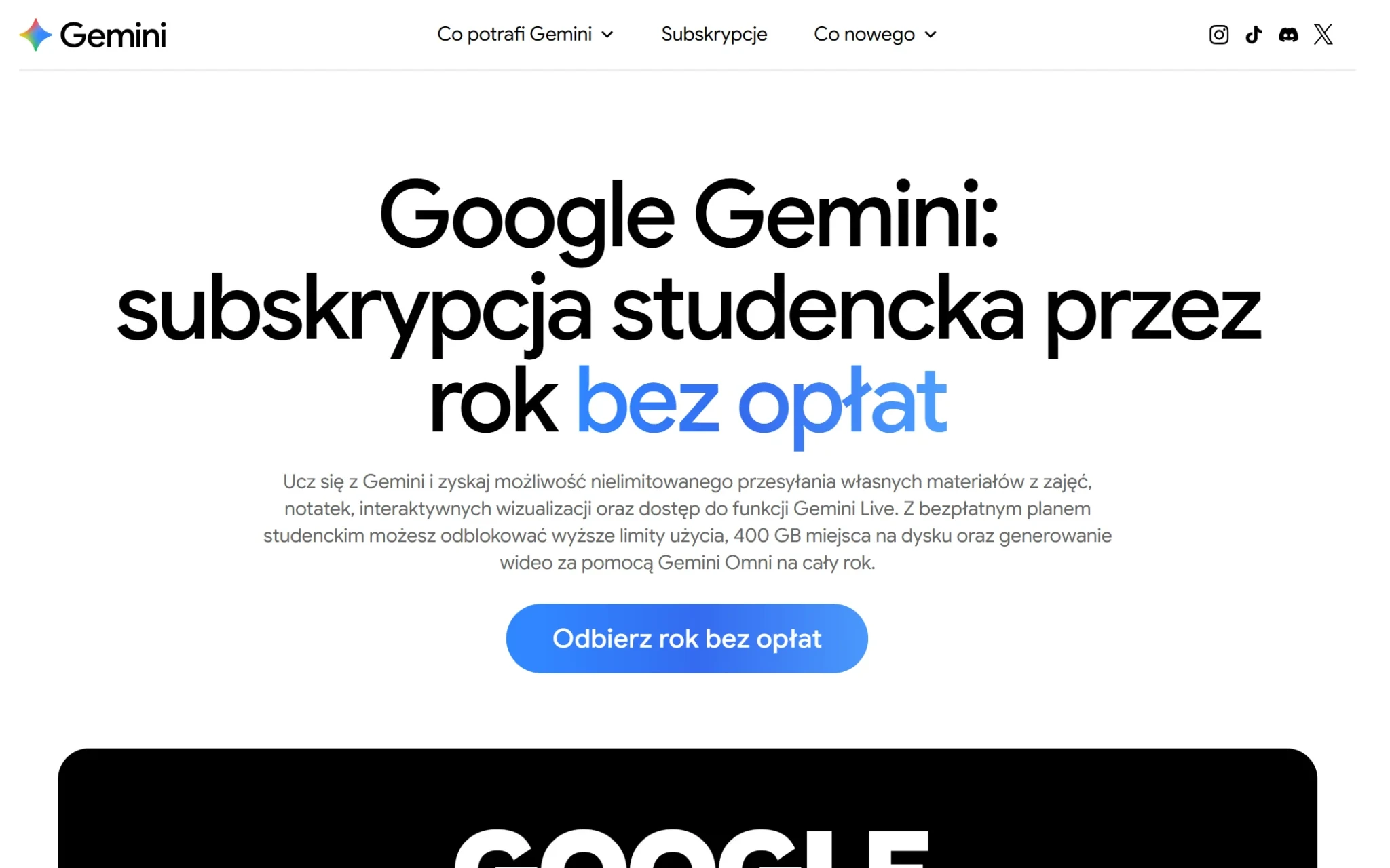 Polska strona Gemini dla studentów: subskrypcja studencka przez rok bez opłat - zrzut z 3 października 2026