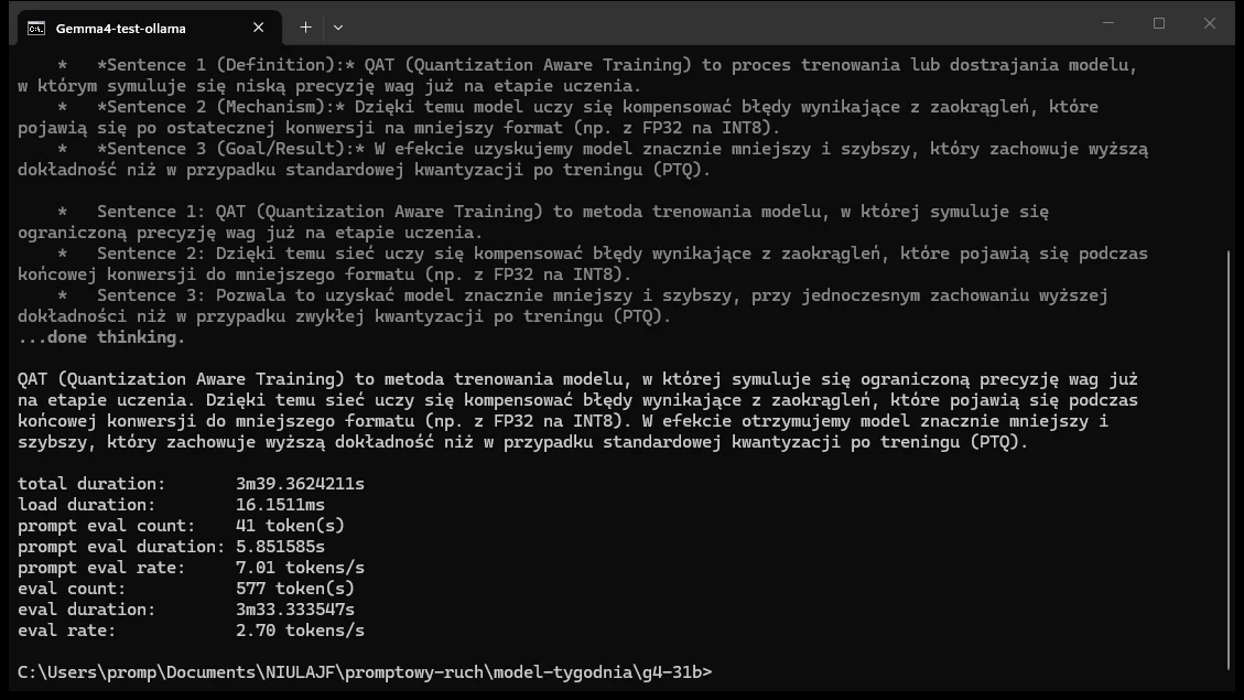 Gemma 4 31B w Ollamie na RTX 4090 - wynik ollama run --verbose przy zajętej karcie