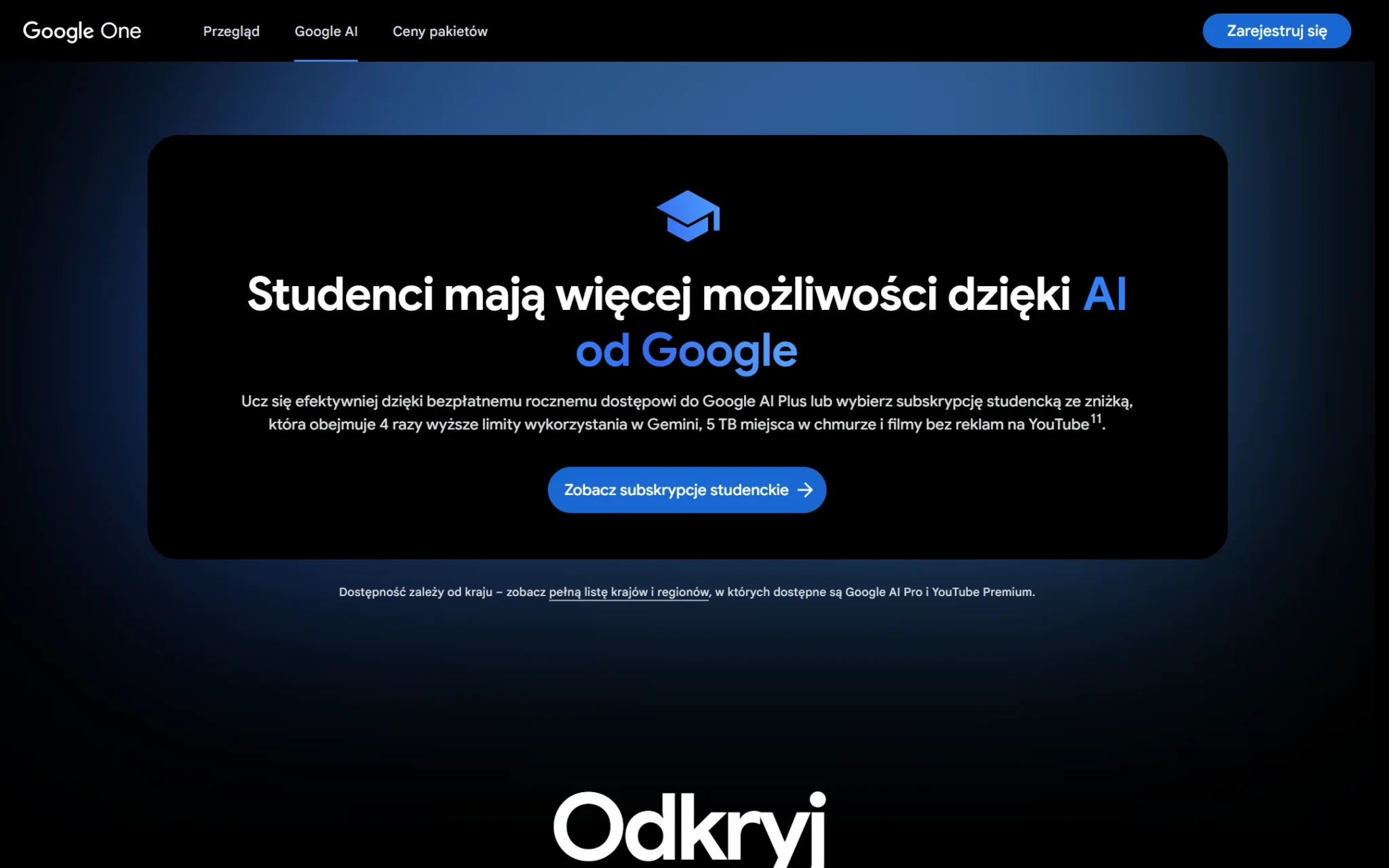 Sekcja ofert dla studentów na stronie planów Google AI: rok AI Plus bez opłat albo zniżka na AI Pro - zrzut z 3 października 2026