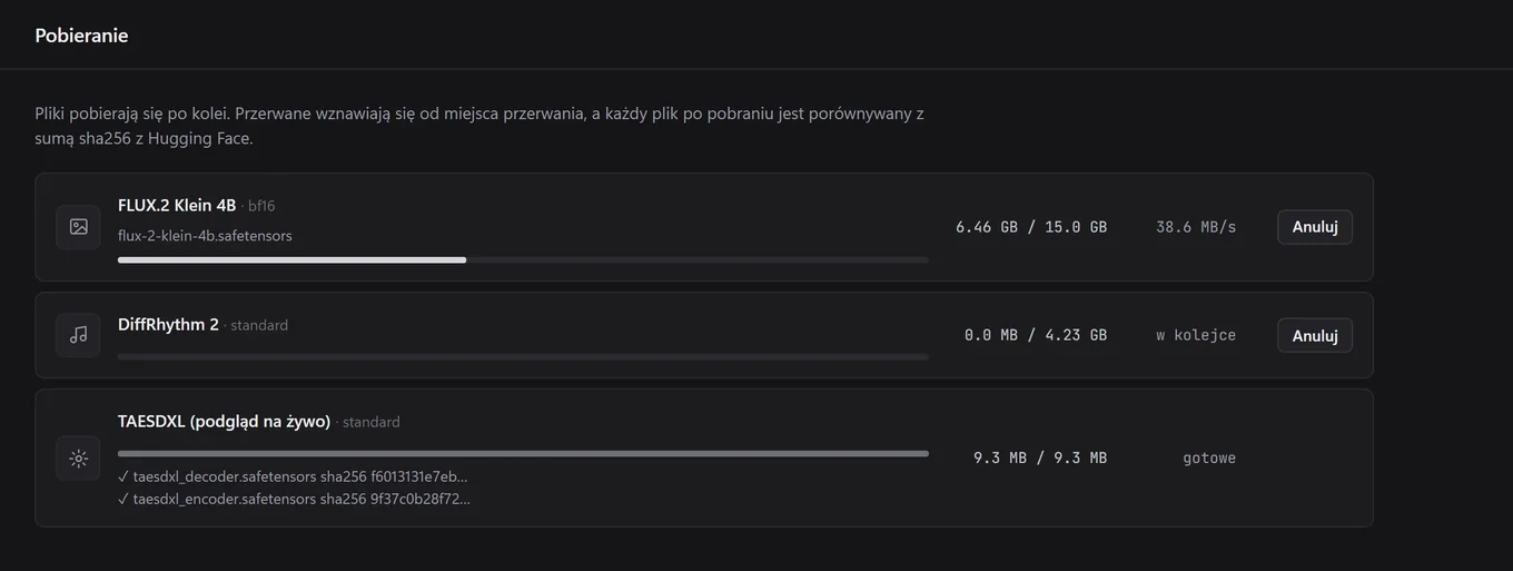 Kolejka pobierania w Hangarze z paskami postępu i kontrolą sha256