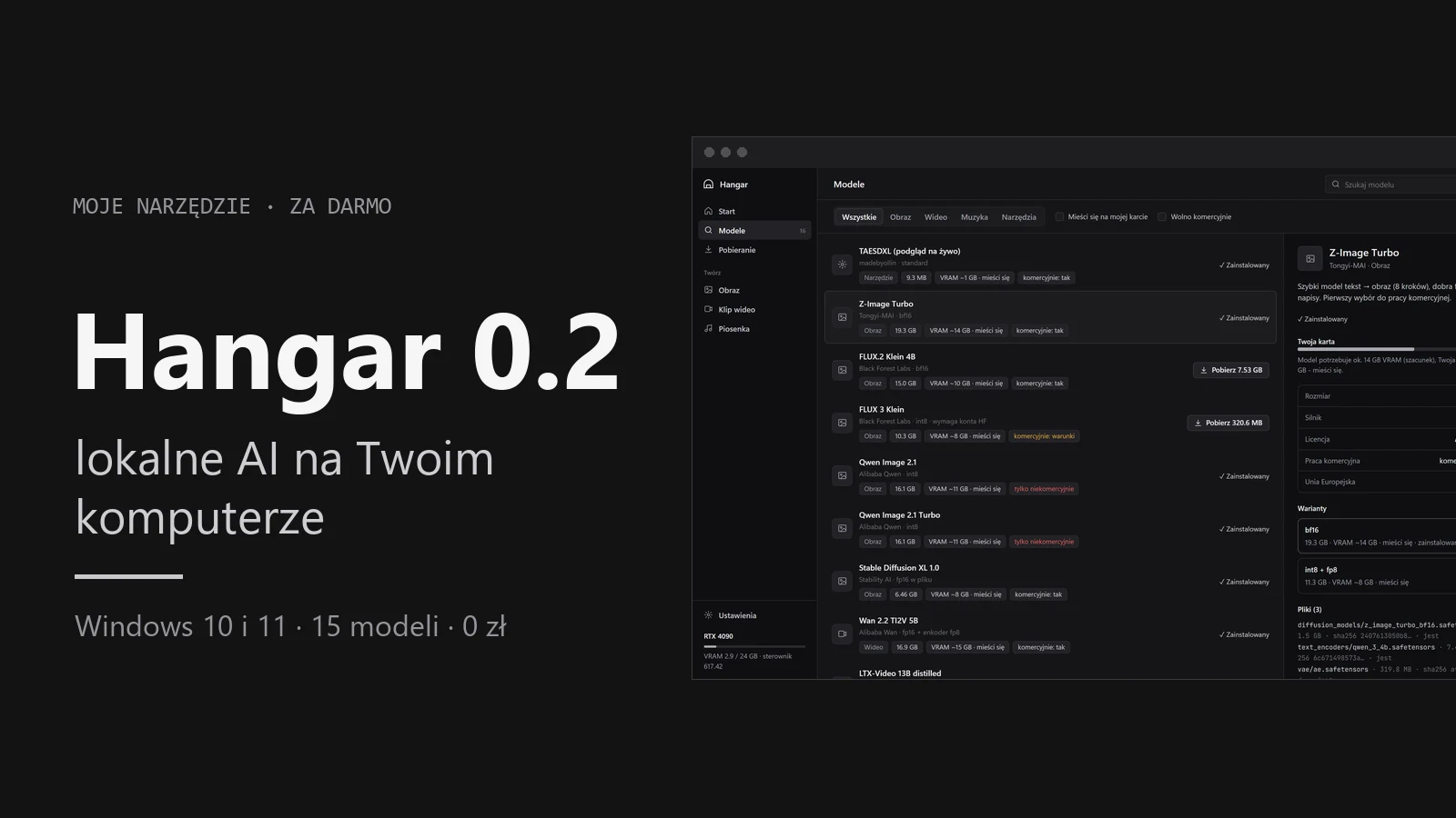 Hangar 0.2 - darmowy program do lokalnych modeli AI na Windows, zrzut zakładki Modele