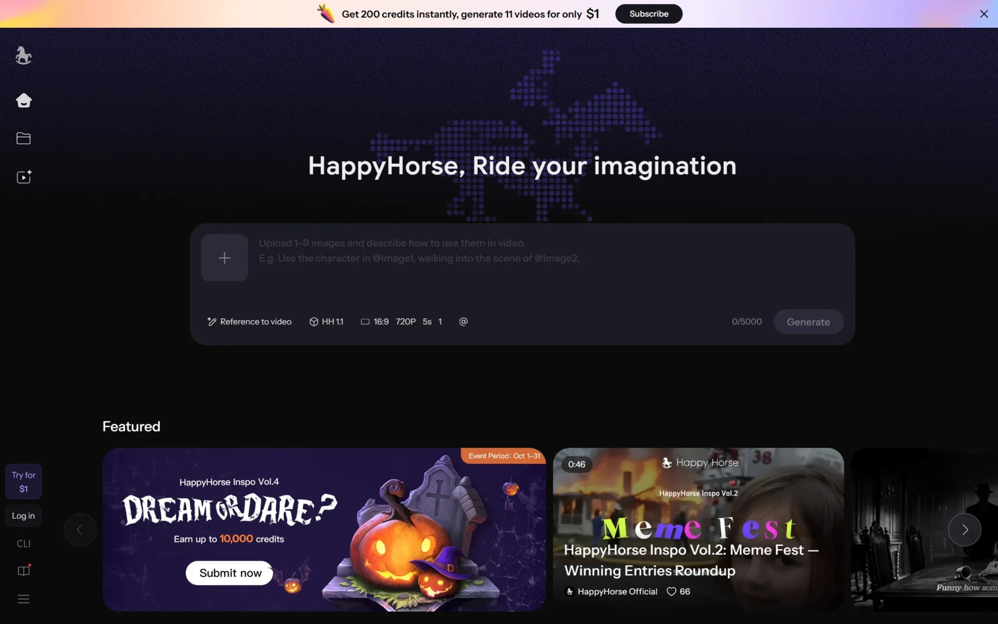 Strona happyhorse.com: pole tworzenia z trybem Reference to video i modelem HH 1.1