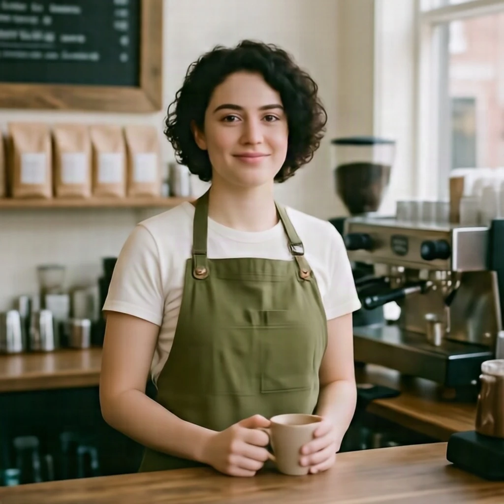 HiDream-O1-Image: portret baristki z krótkimi ciemnymi kręconymi włosami w oliwkowym fartuchu, w tle kawiarnia