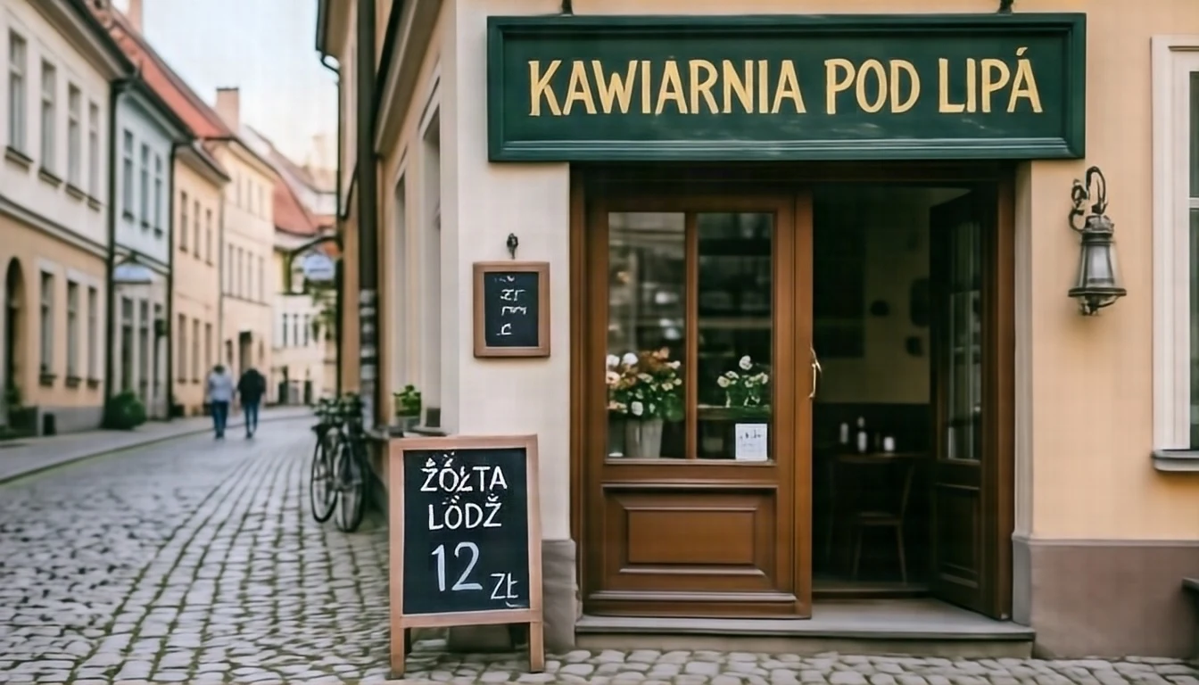 HiDream-O1-Image: witryna kawiarni z szyldem KAWIARNIA POD LIPÁ i tablicą z ceną 12 zł