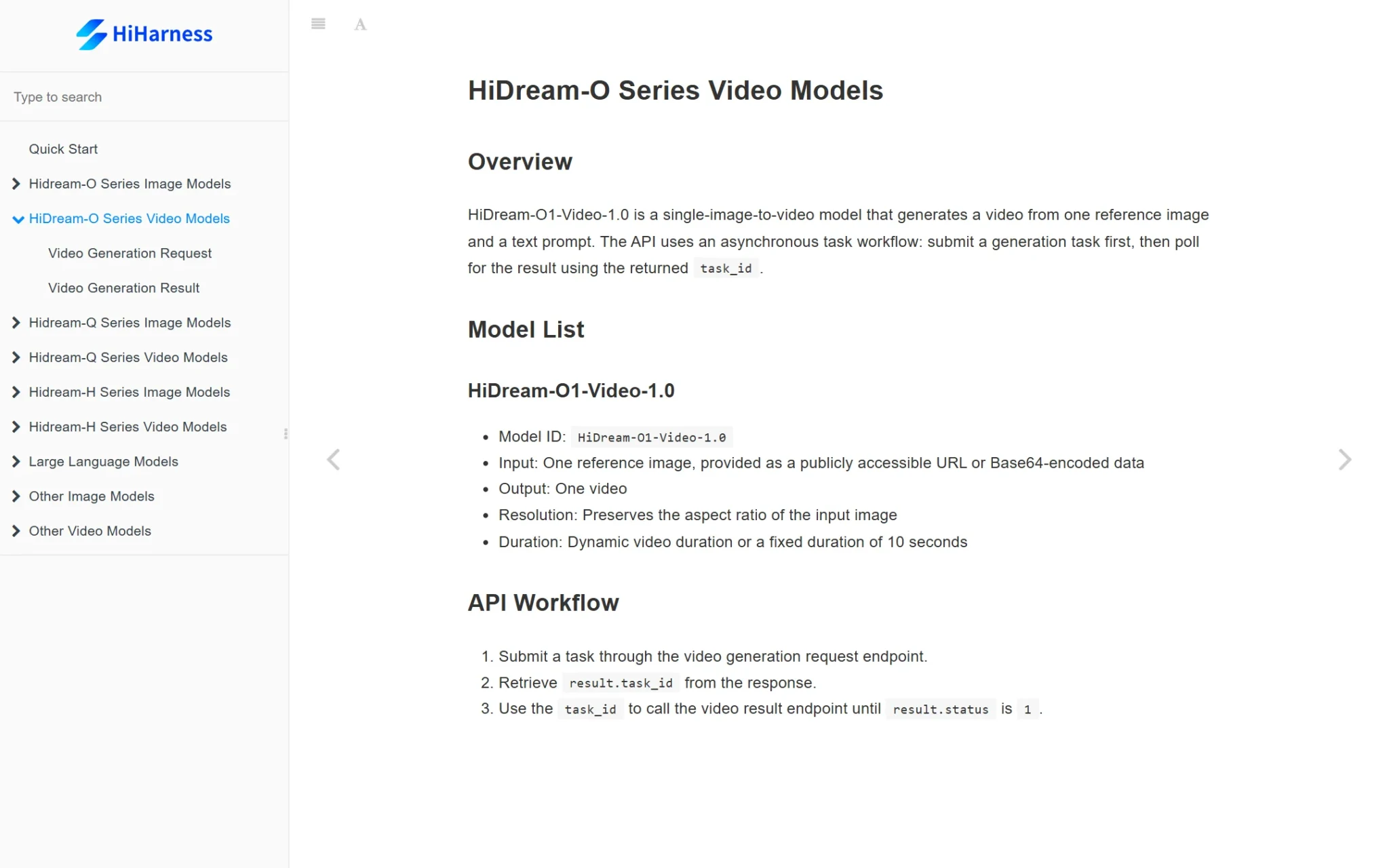 Dokumentacja HiHarness: HiDream-O1-Video-1.0 opisany jako model single-image-to-video