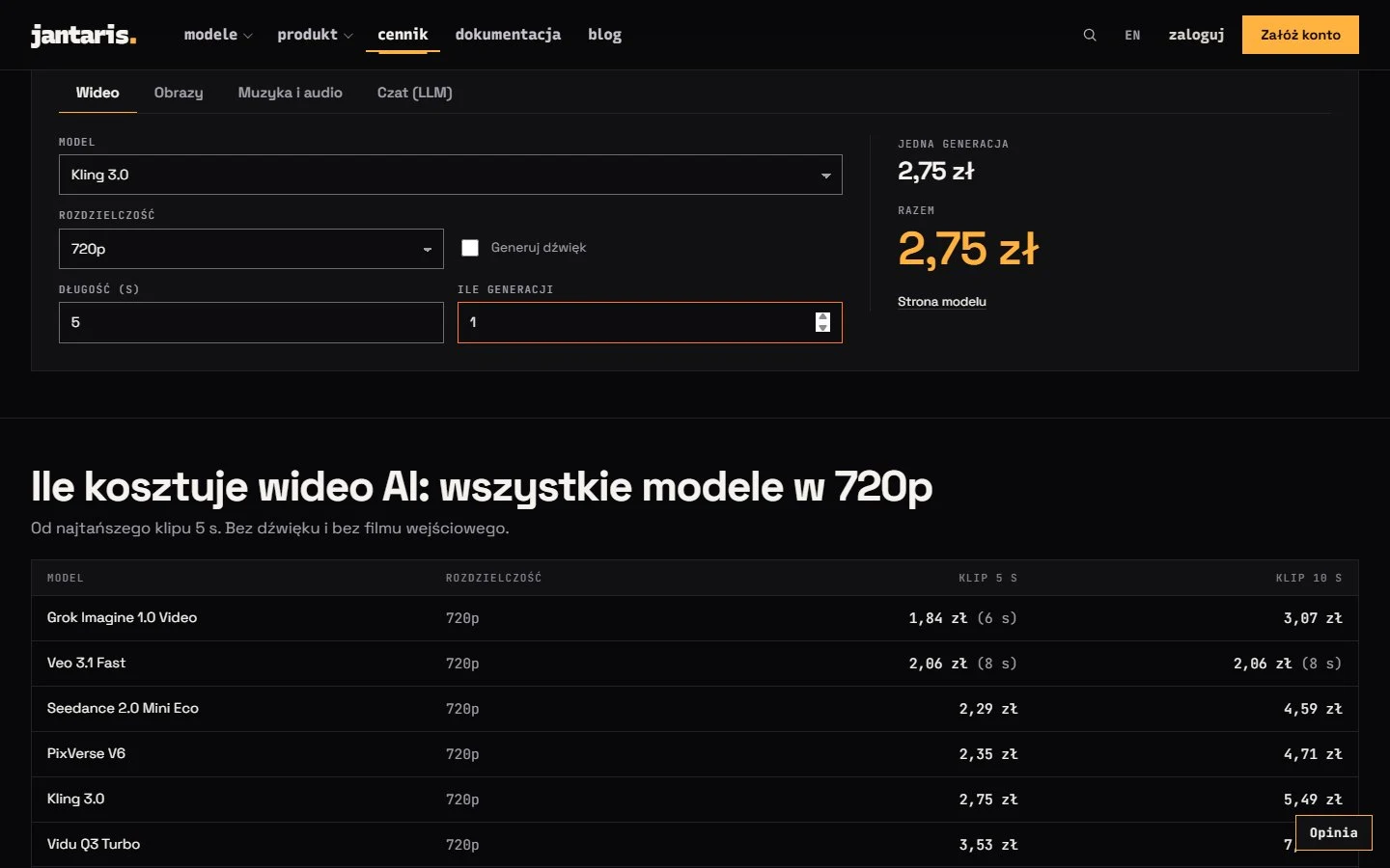 Kalkulator kosztów Jantarisa: Kling 3.0, 720p, 5 sekund, bez dźwięku - 2,75 zł