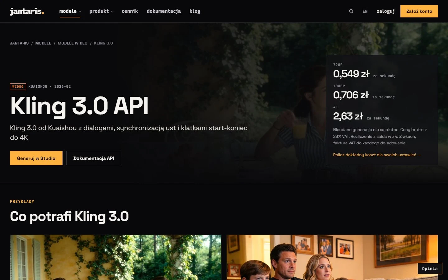 Strona modelu Kling 3.0 w Jantarisie: ceny za sekundę w 720p, 1080p i 4K z VAT