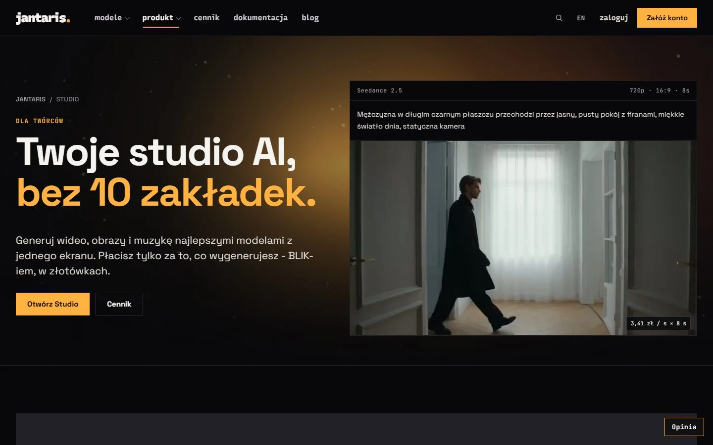 Strona Jantaris Studio: generowanie wideo, obrazów i muzyki z jednego ekranu, płatność BLIK-iem w złotówkach