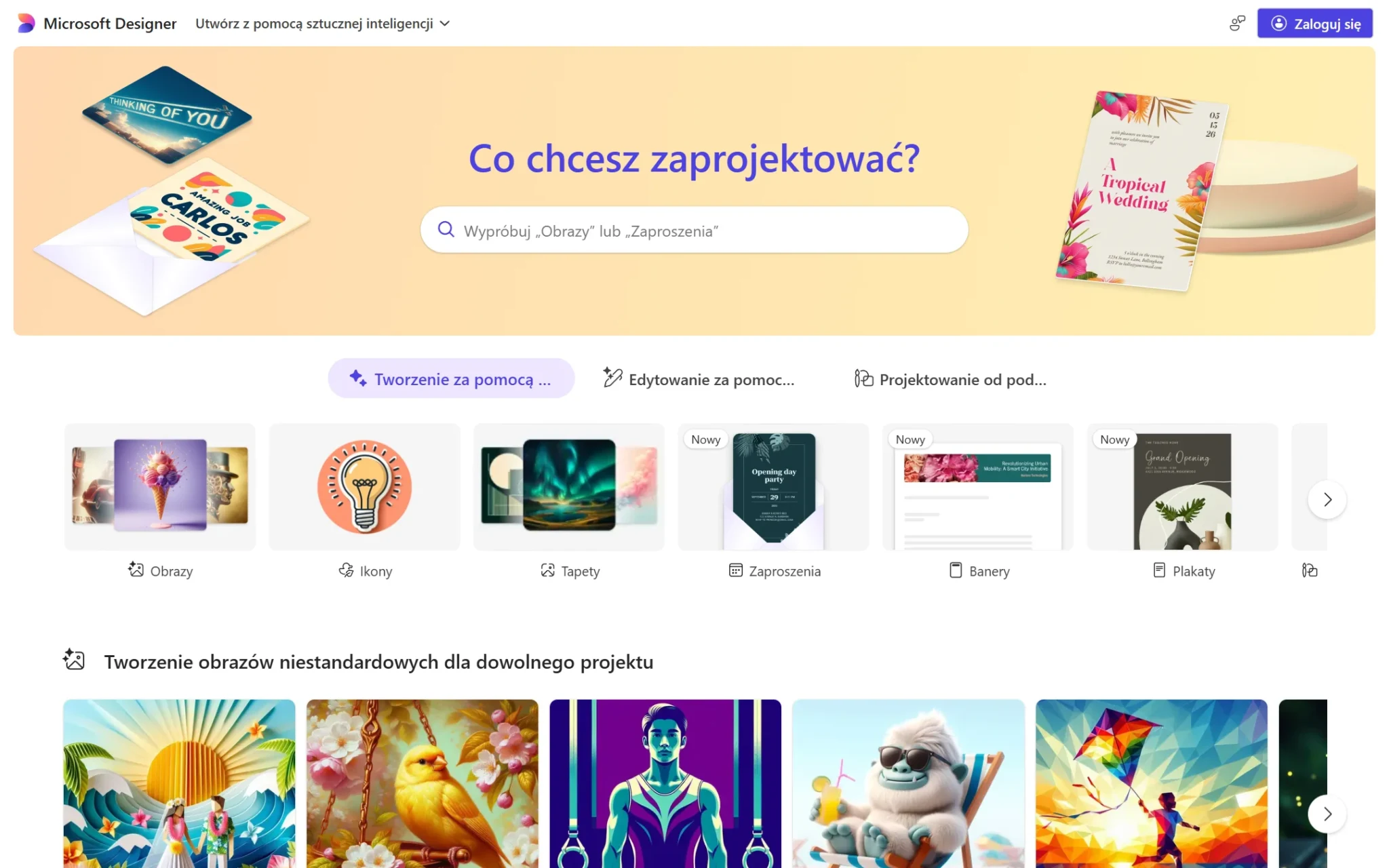 Strona Microsoft Designer po polsku: pole Co chcesz zaprojektować i kategorie Obrazy, Ikony, Tapety, Zaproszenia, Banery, Plakaty