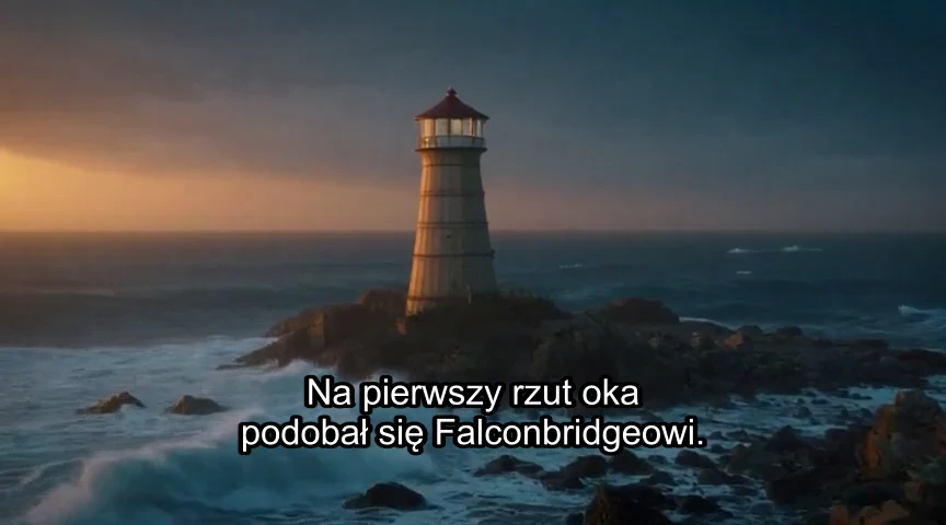 Klatka z napisami wygenerowanymi przez Whisper: latarnia w burzy, fragment Latarnika