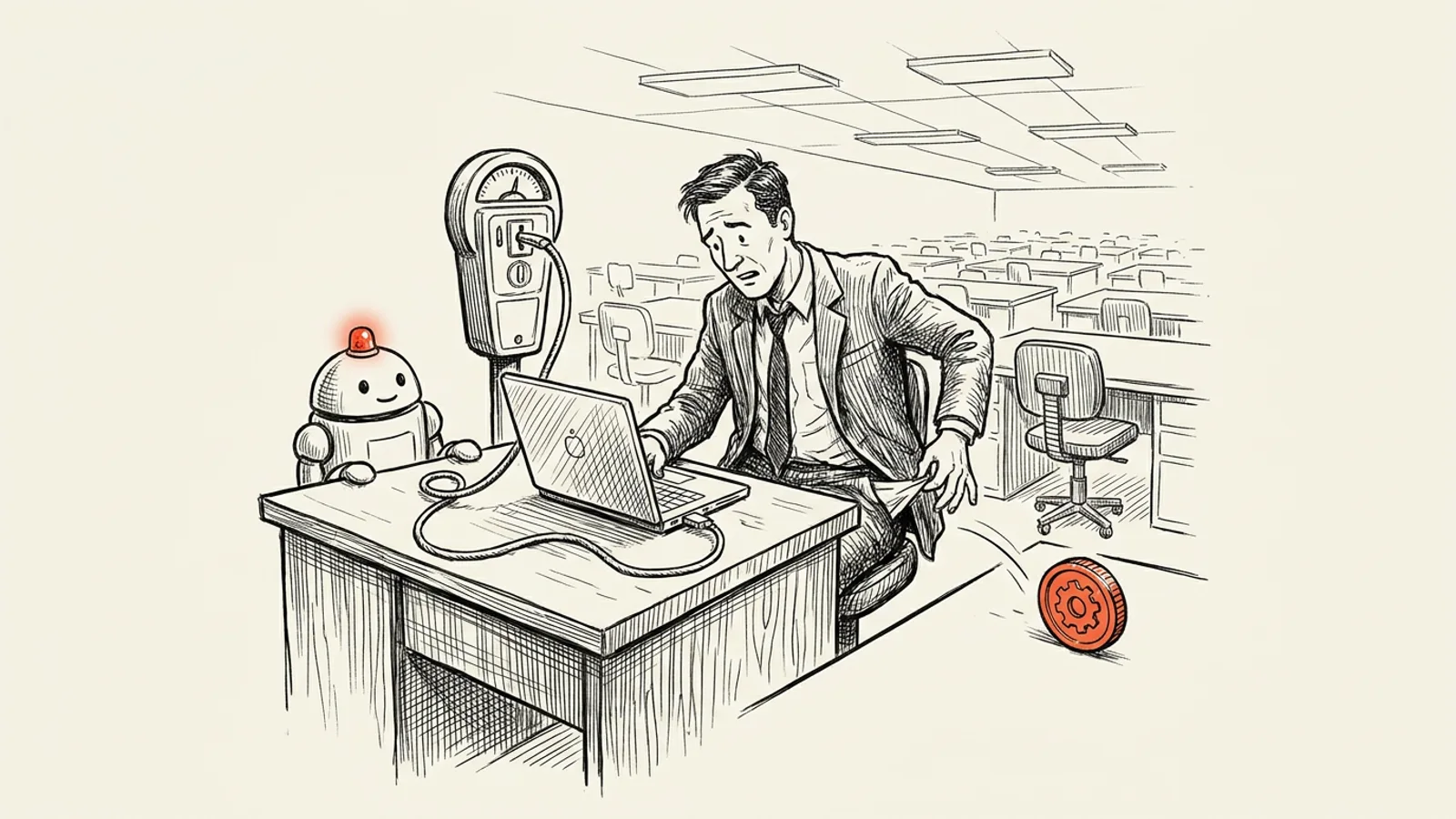 Ilustracja: pracownik biurowy szuka monet w pustych kieszeniach, laptop z robotem podłączony do parkometru