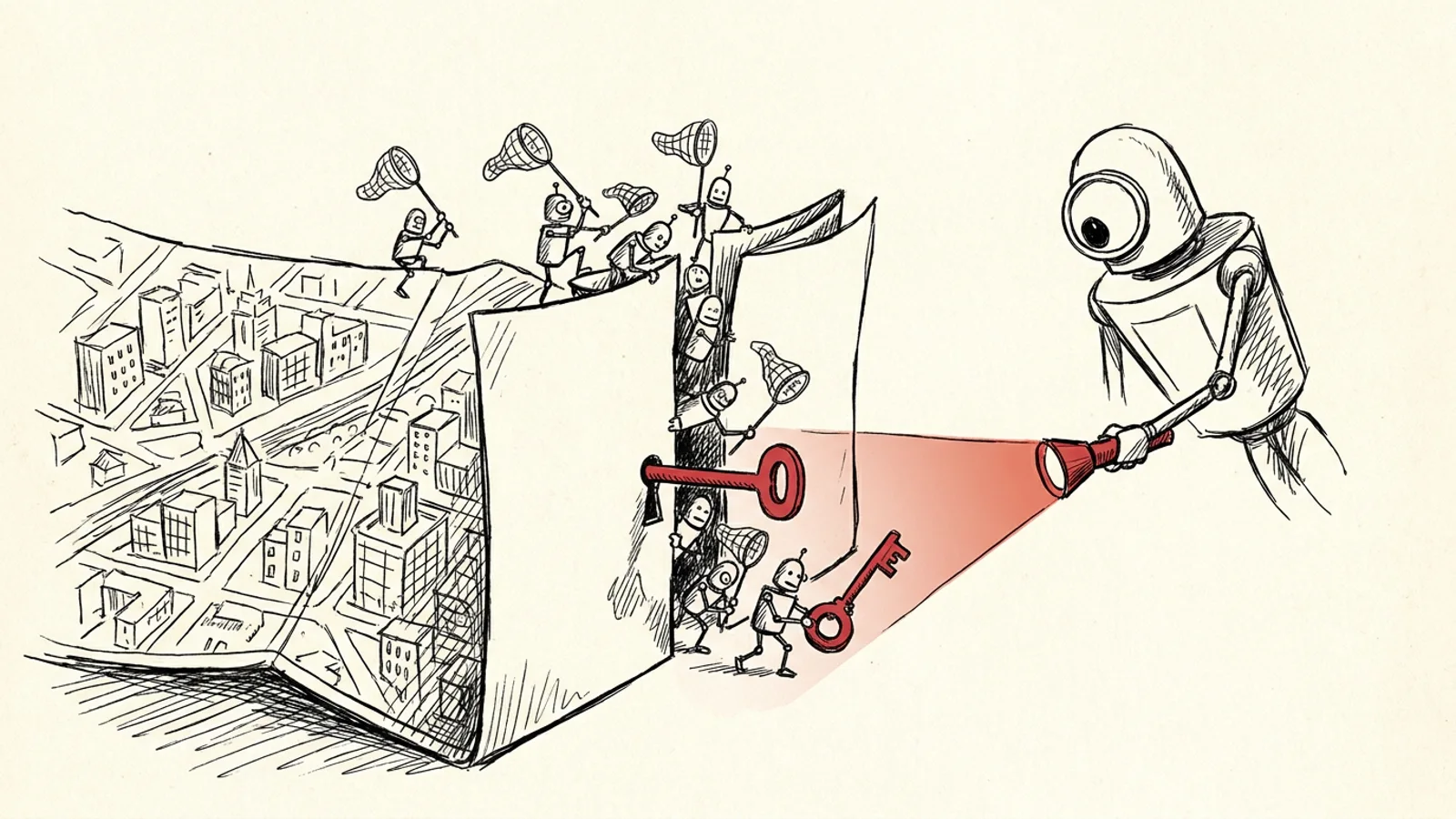 Ilustracja: rój małych robotów z siatkami wdziera się do wielkiej papierowej mapy miasta, strażnik świeci na nie latarką