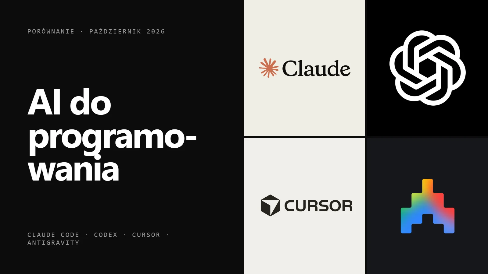Logo Claude, OpenAI, Cursor i Antigravity - porównanie narzędzi AI do programowania