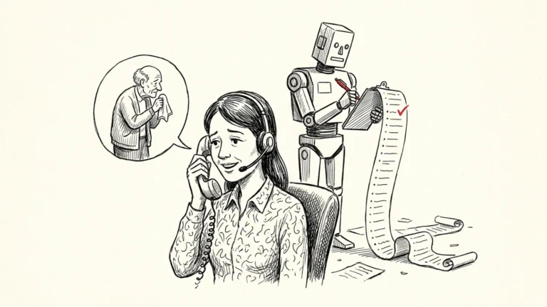 Ilustracja: konsultantka ze słuchawkami rozmawia z osobą w żałobie, za nią robot odhacza punkty na długiej liście