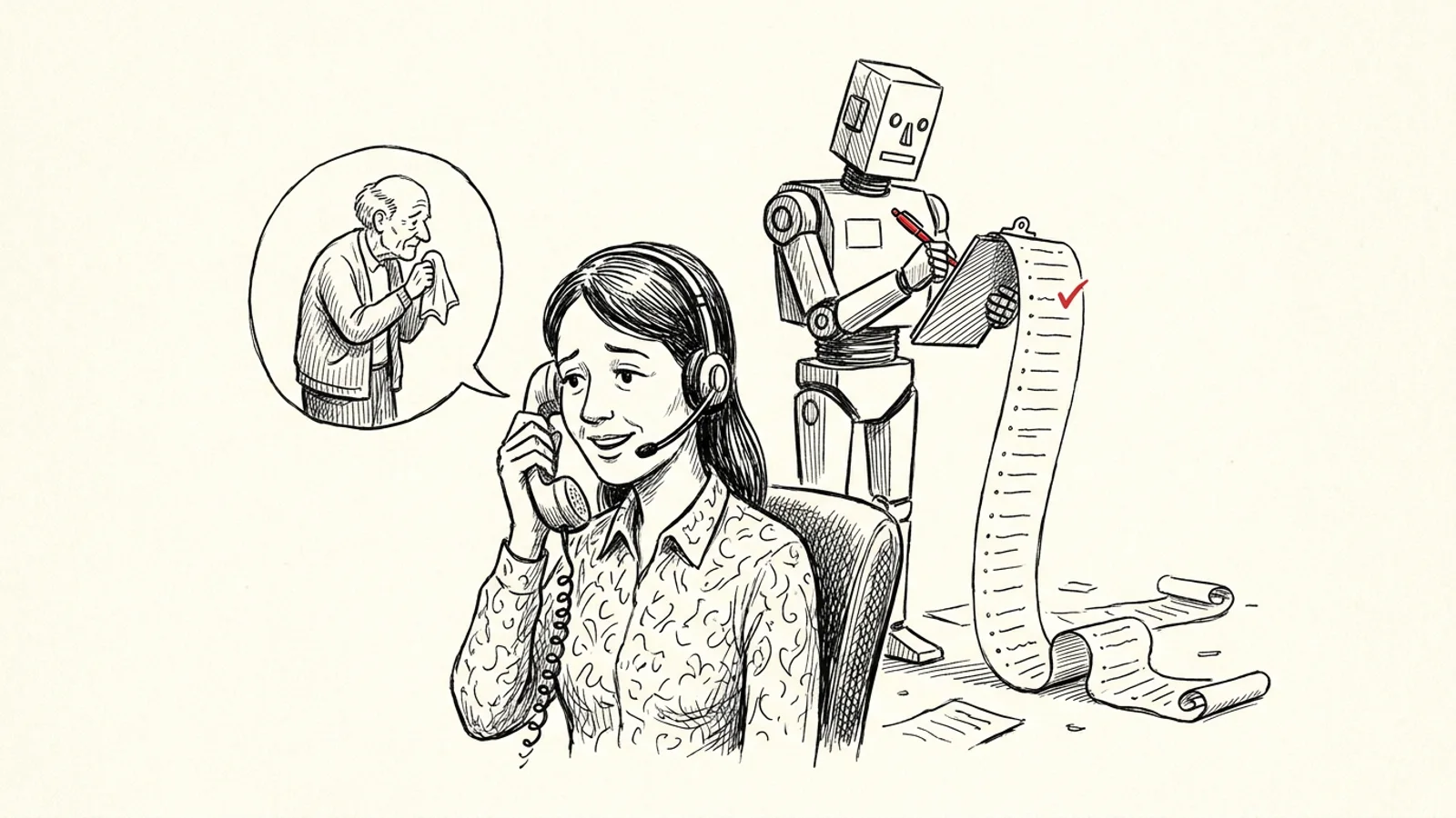 Ilustracja: konsultantka ze słuchawkami rozmawia z osobą w żałobie, za nią robot odhacza punkty na długiej liście