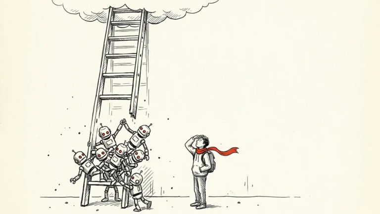 Ilustracja: drabina kariery bez dolnych szczebli, zastąpionych przez stos robotów, młody człowiek patrzy w górę