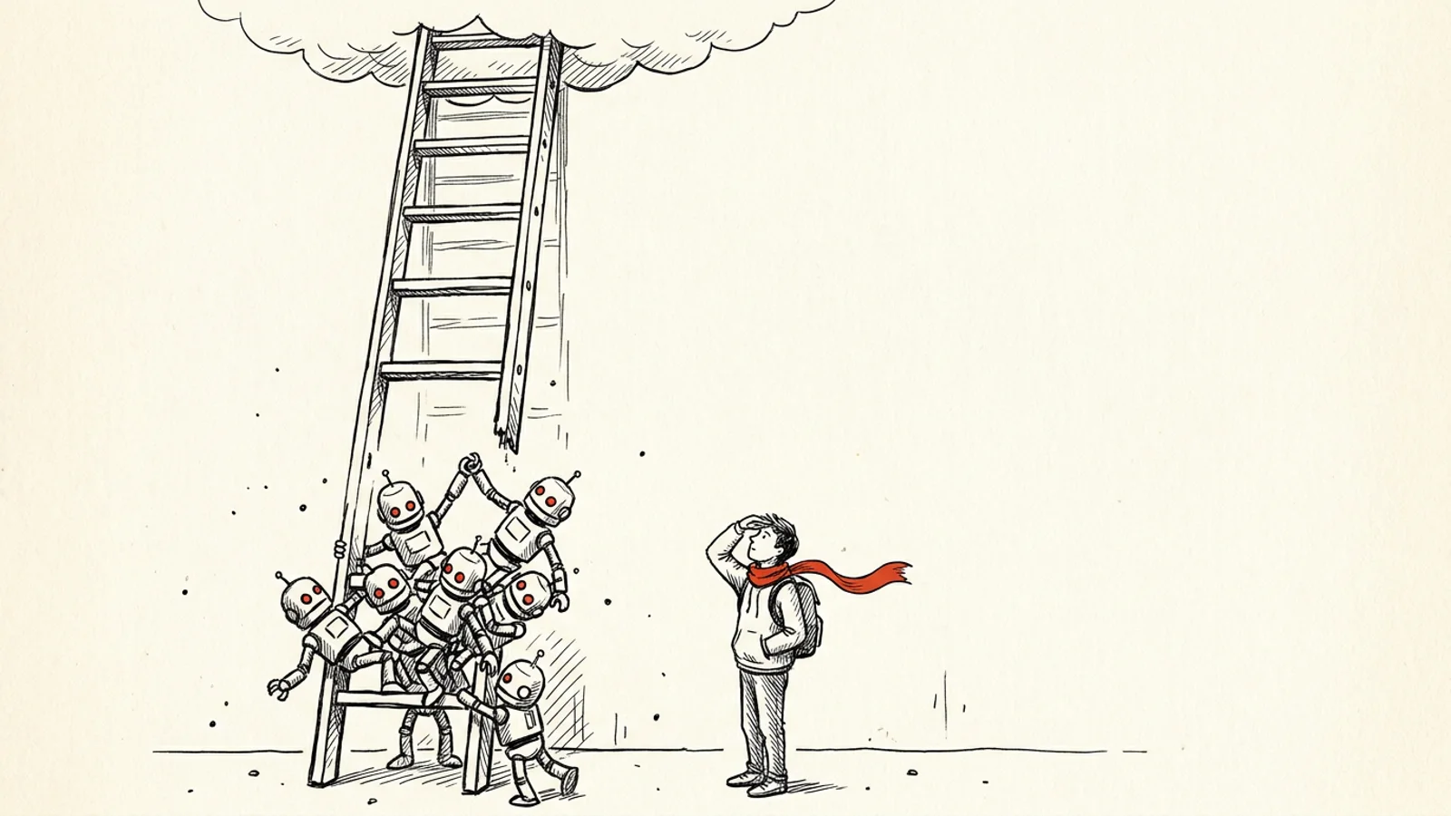 Ilustracja: drabina kariery bez dolnych szczebli, zastąpionych przez stos robotów, młody człowiek patrzy w górę
