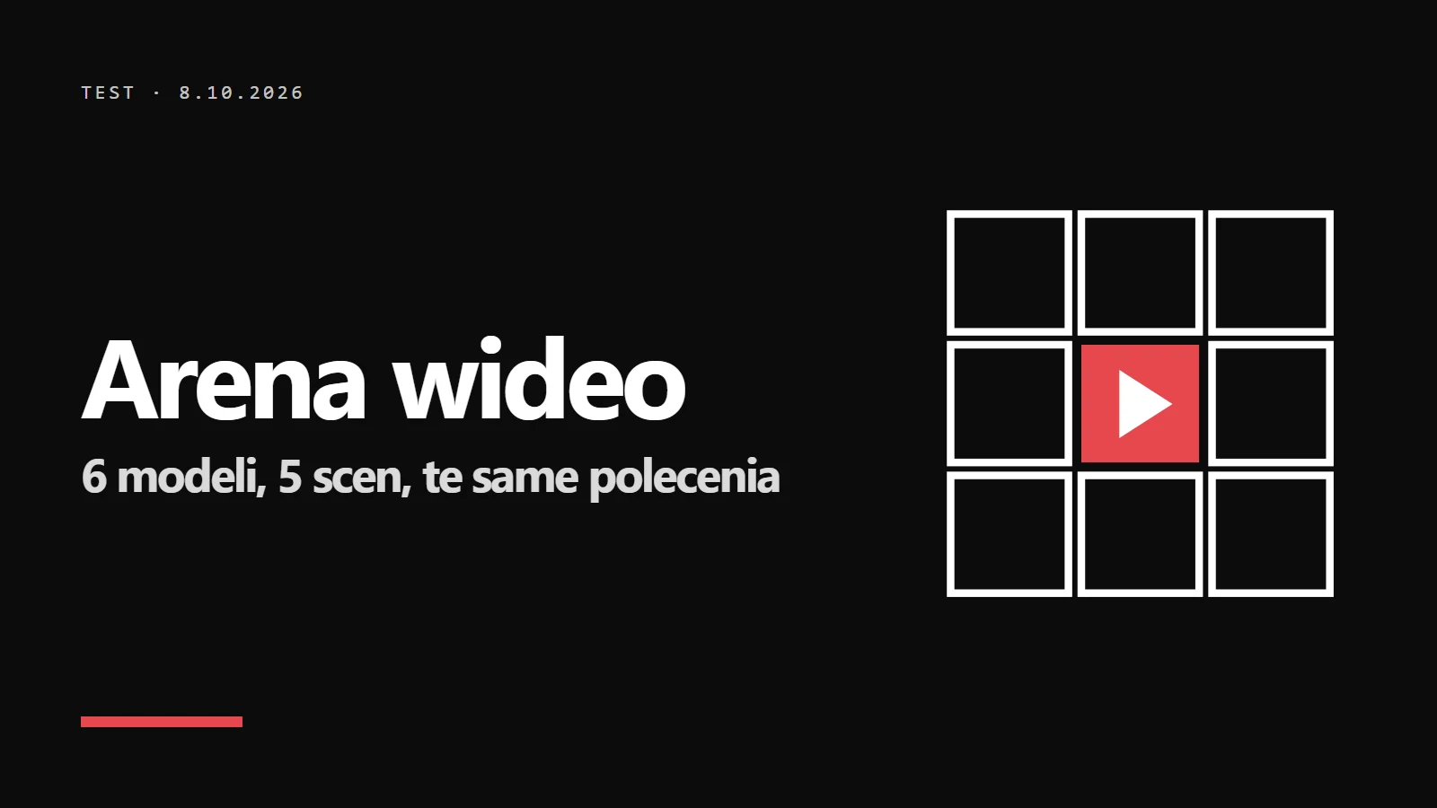 Arena wideo AI - siatka klipów z przyciskiem odtwarzania, test 6 modeli na 5 scenach