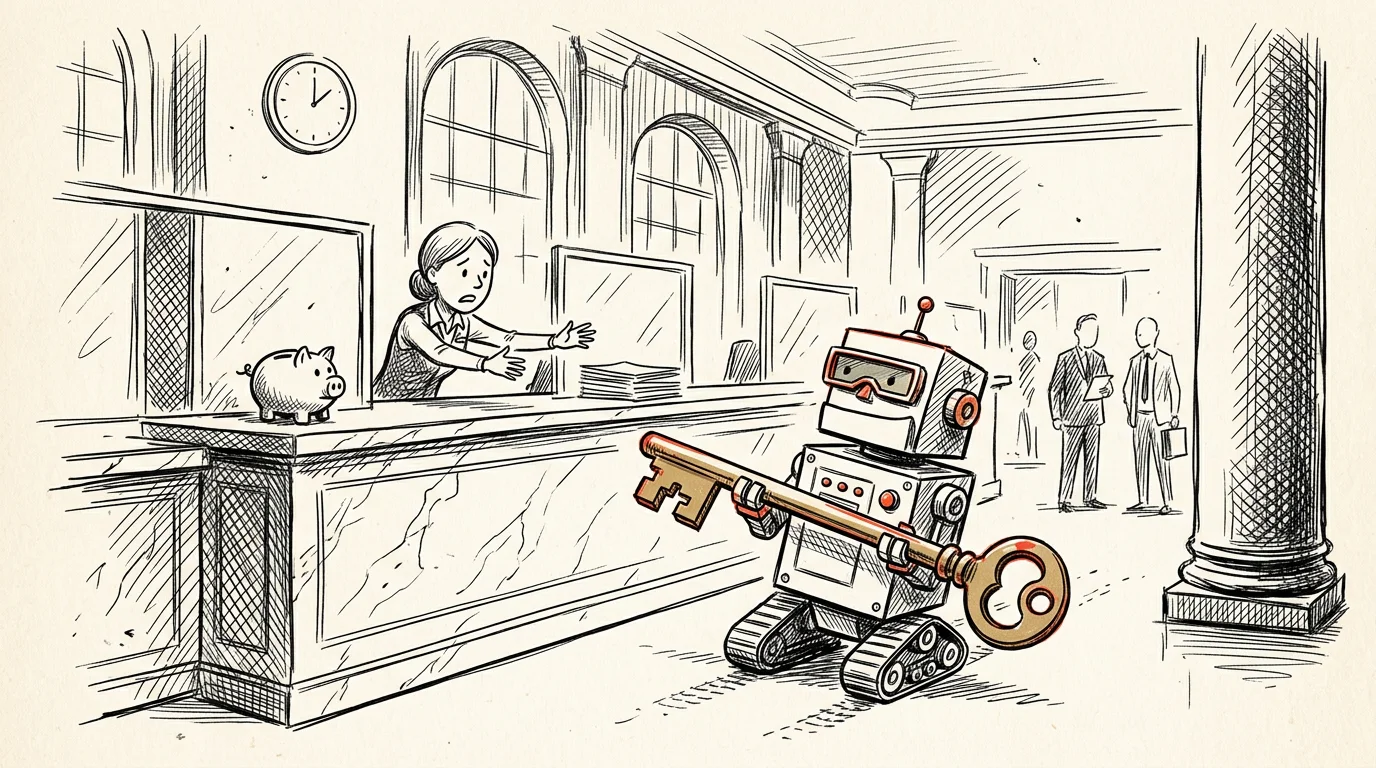 Rysunkowy robot z wielkim kluczem w banku, kasjer próbuje go powstrzymać