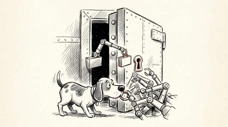 Ilustracja: wiele identycznych robotycznych ramion wchodzi przez jedną dziurkę od klucza do bankowego skarbca, a strażnik nie wie, które jest upoważnione
