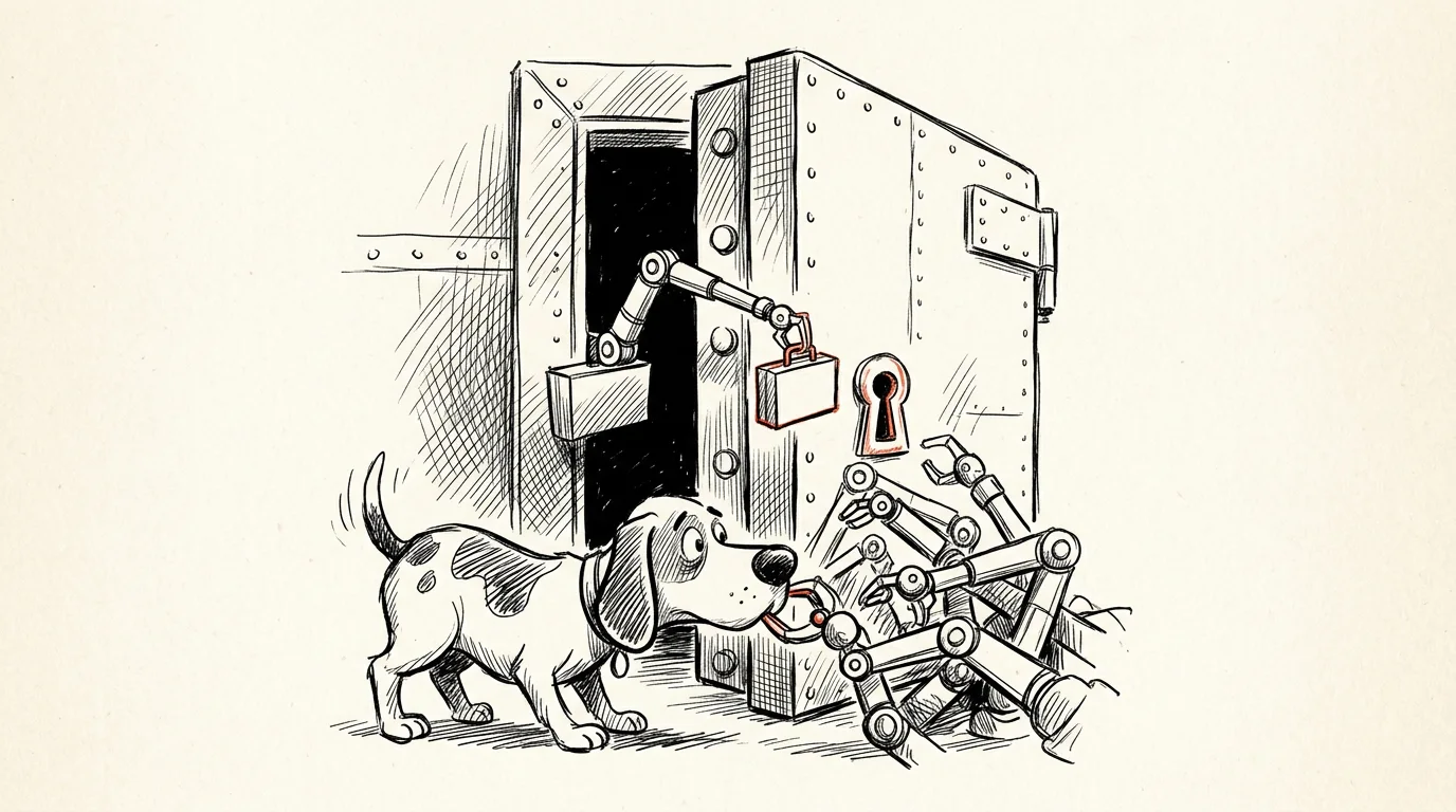 Ilustracja: wiele identycznych robotycznych ramion wchodzi przez jedną dziurkę od klucza do bankowego skarbca, a strażnik nie wie, które jest upoważnione
