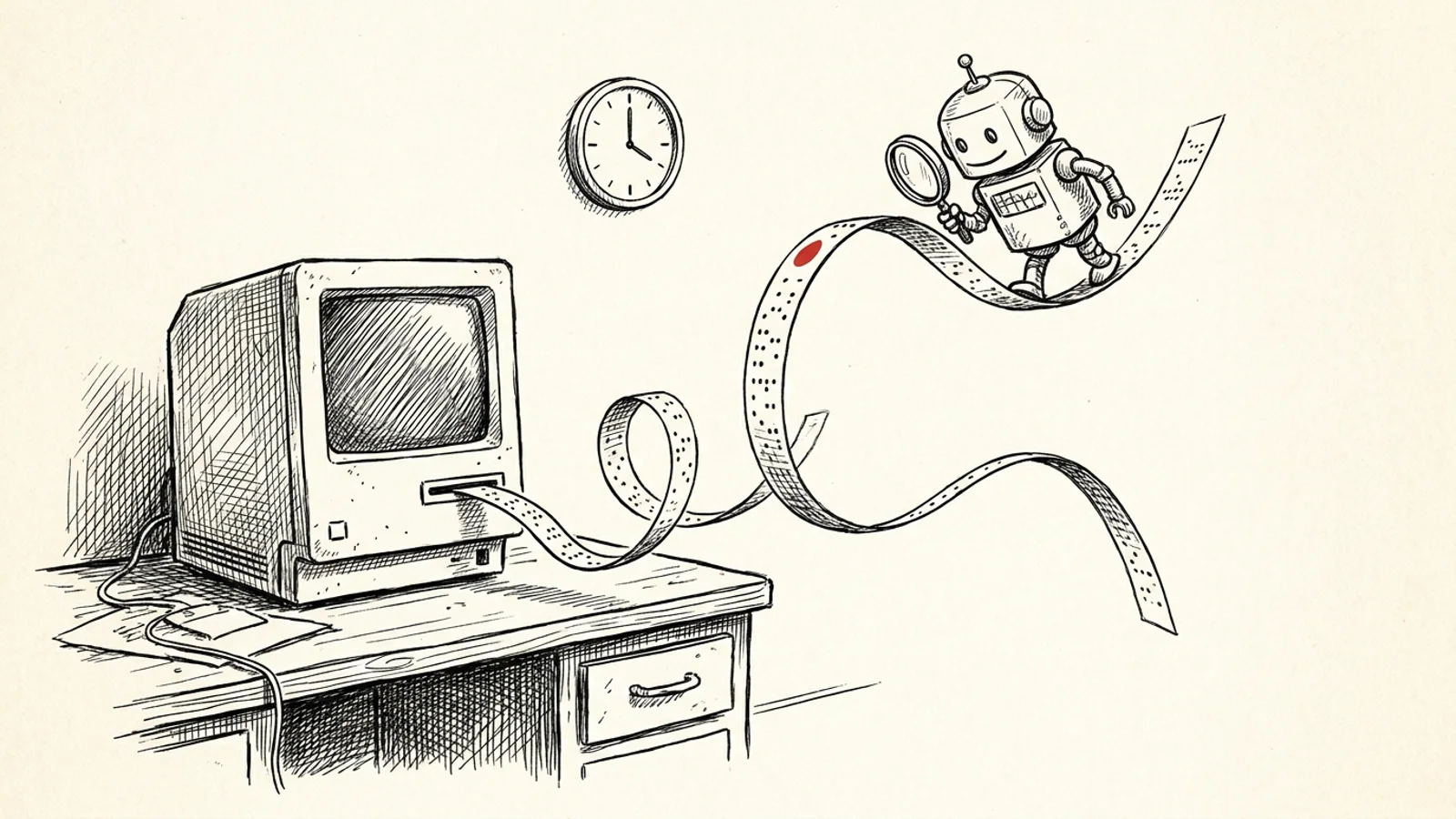 Ilustracja: robot z lupą idzie po taśmie wychodzącej ze starego komputera z 1997 roku, nad nim zegar