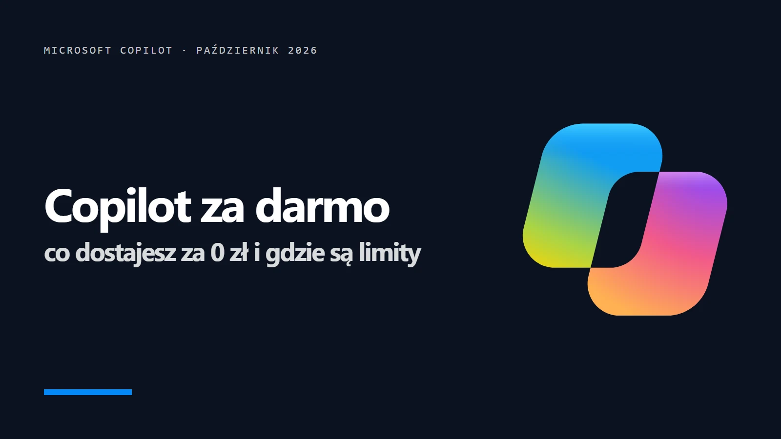 Logo Microsoft Copilot i napis Copilot za darmo - co dostajesz za 0 zł i gdzie są limity