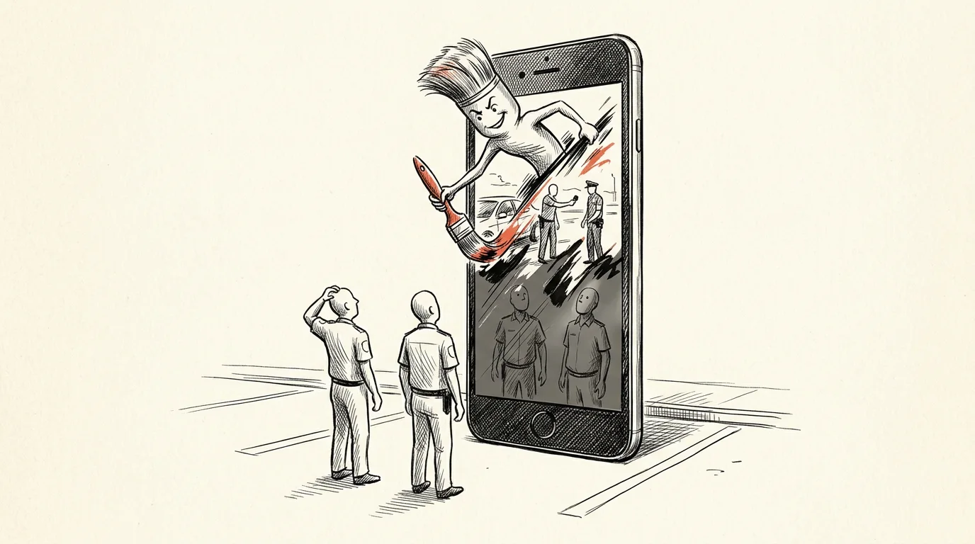 Rysunkowa ilustracja: pędzel wychodzący z ekranu telefonu przemalowuje scenę kontroli drogowej, a bezimienne postacie patrzą na zniekształcone odbicia