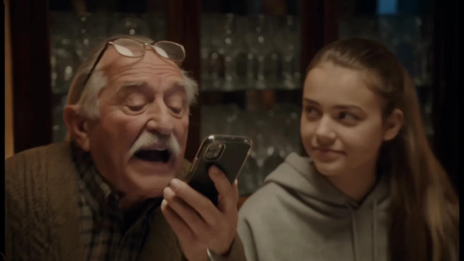 Kadr z mojej scenki FLUX 3 Max: dziadek mówi do telefonu przy niedzielnym obiedzie, obok wnuczka