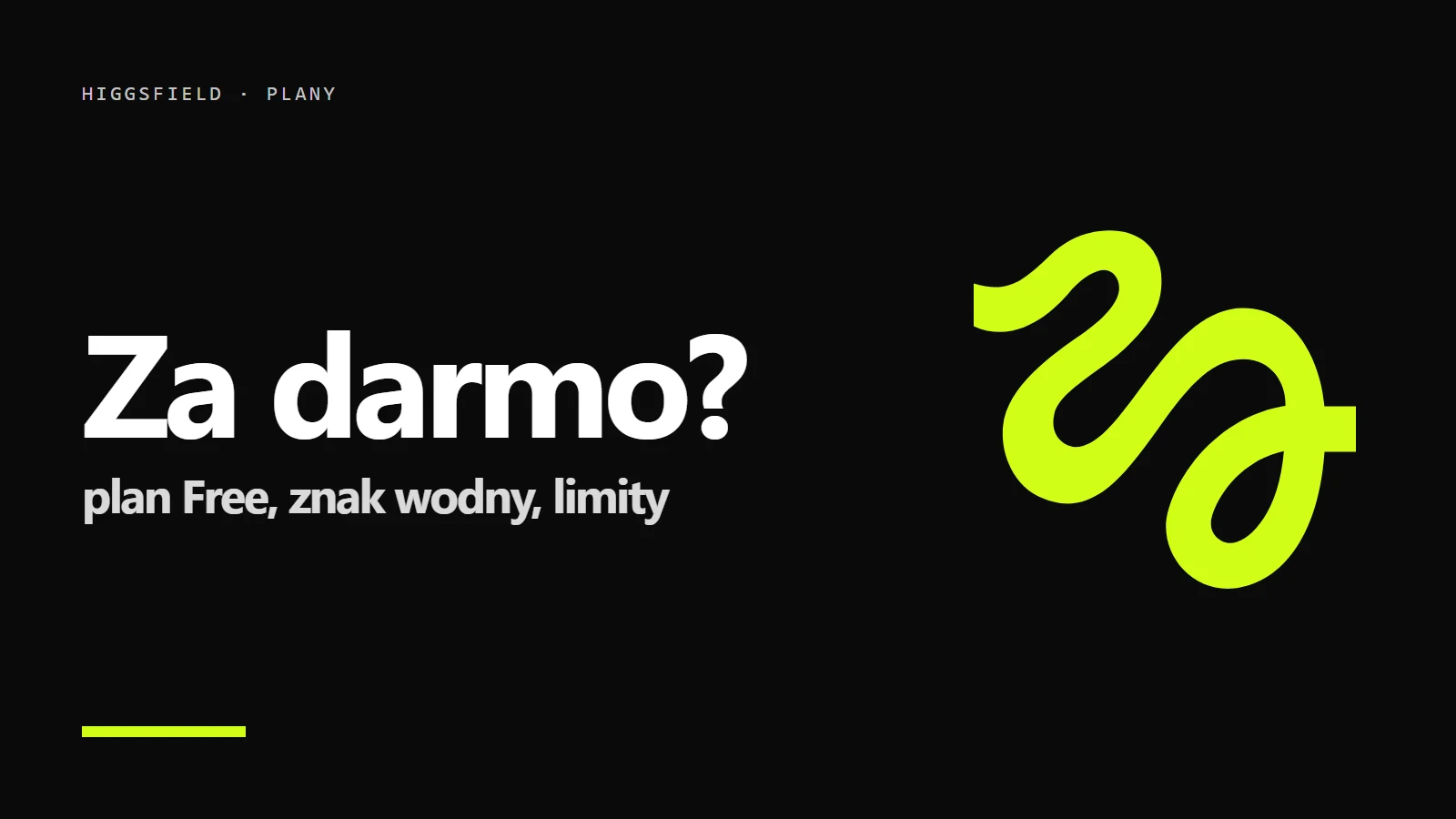 Logo Higgsfield na czarnym tle - Czy Higgsfield jest darmowy? Plan Free, znak wodny i darmowe generacje