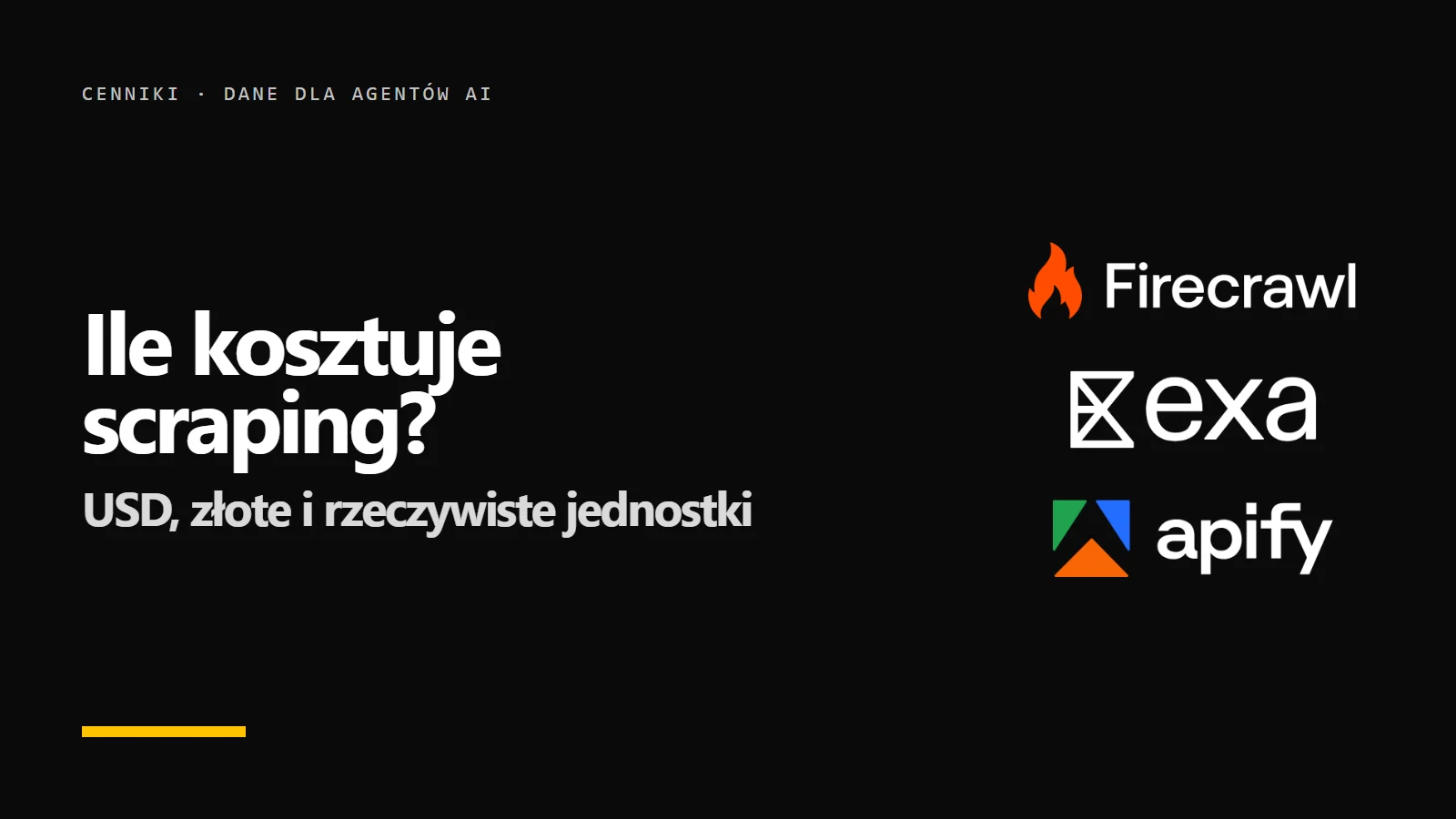 Logo Firecrawl, Exa i Apify oraz napis Ile kosztuje scraping - USD i złote