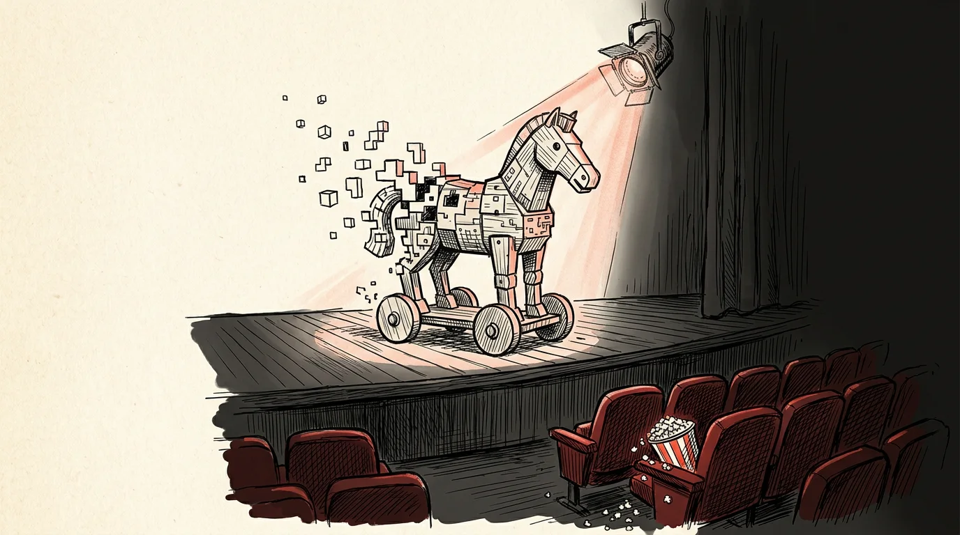 Rysunkowy koń trojański rozsypujący się na pikselowe sześciany na pustej scenie teatralnej