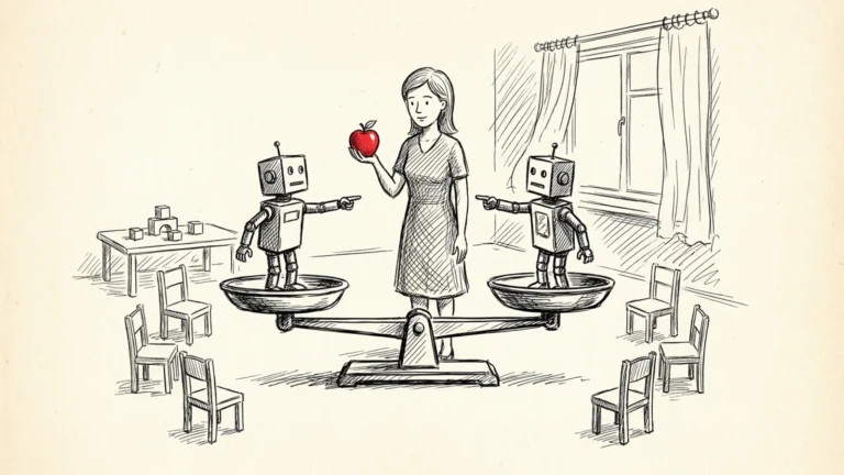 Ilustracja: nauczycielka z jabłkiem stoi między dwoma robotami na szalkach wagi, które wskazują na siebie palcami