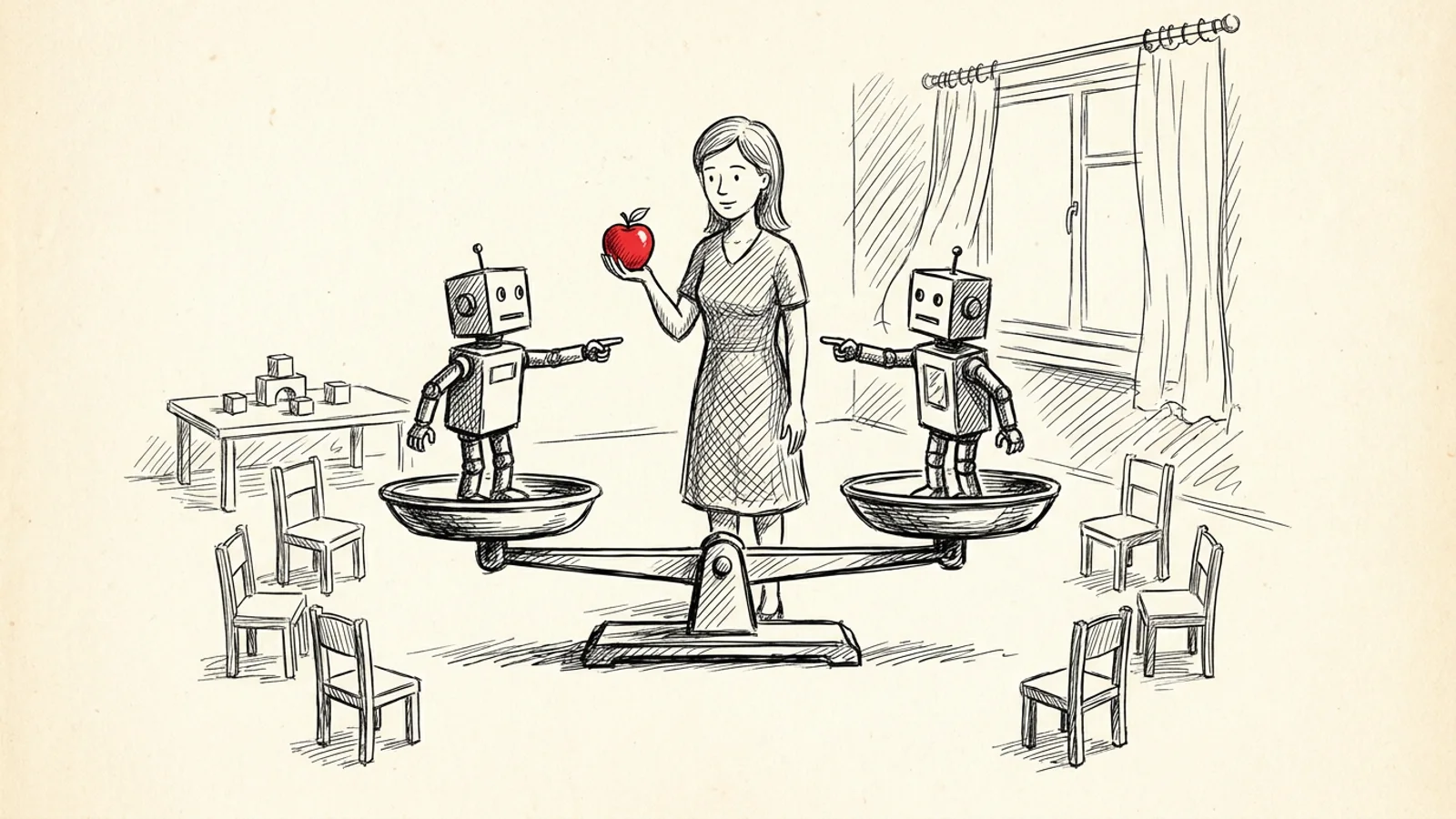 Ilustracja: nauczycielka z jabłkiem stoi między dwoma robotami na szalkach wagi, które wskazują na siebie palcami