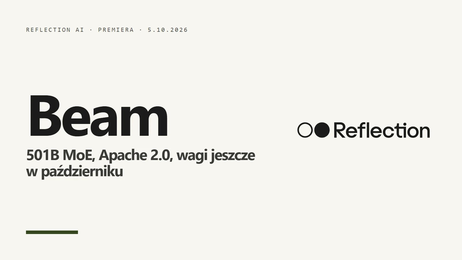 Logo Reflection AI i napis Beam - otwarty model 501B, Apache 2.0