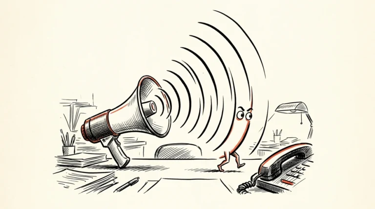 Rysunkowa ilustracja: z policyjnego megafonu wychodzą fale dźwiękowe, a jedna z nich wymyka się na małych nogach w stronę słuchawki telefonu