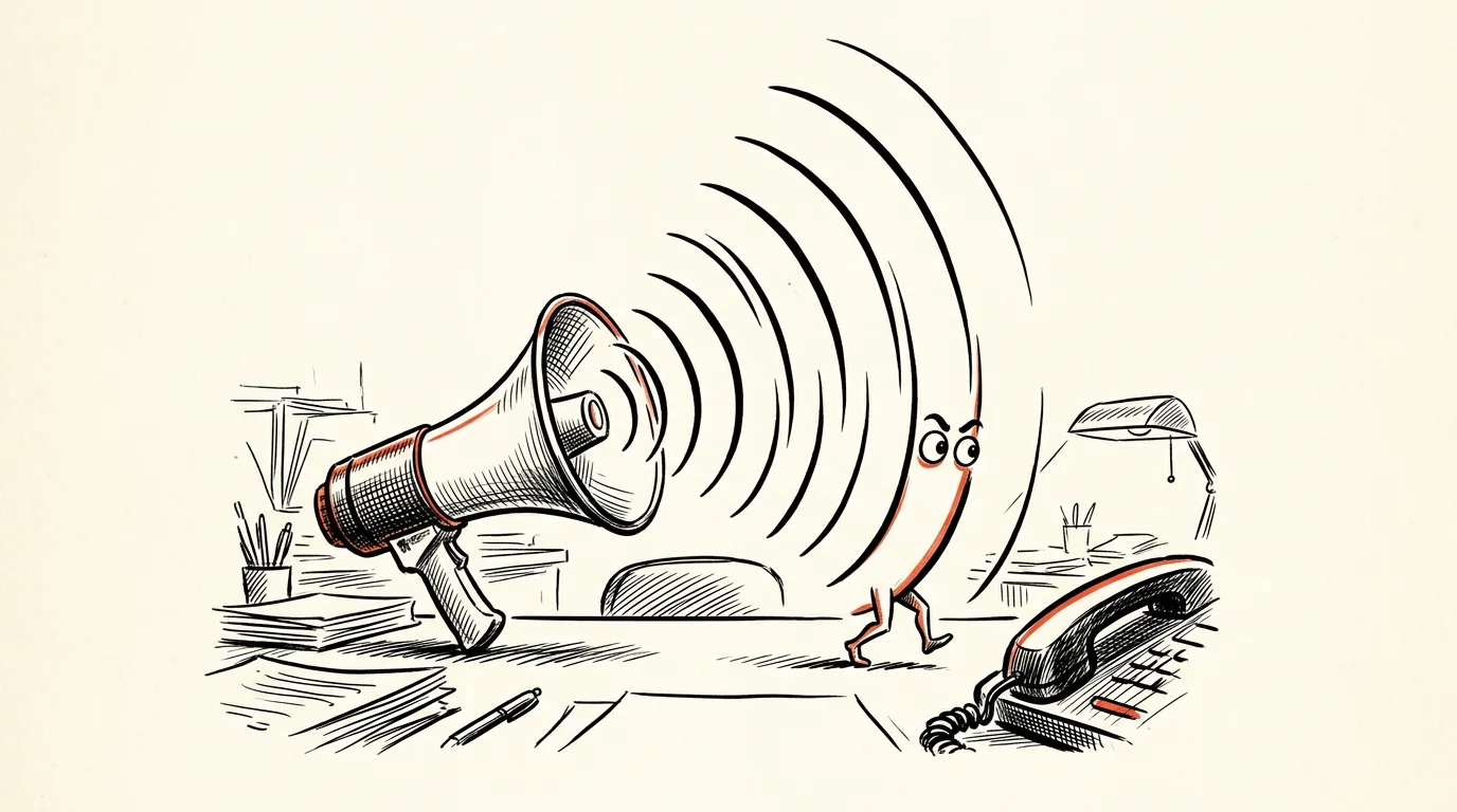 Rysunkowa ilustracja: z policyjnego megafonu wychodzą fale dźwiękowe, a jedna z nich wymyka się na małych nogach w stronę słuchawki telefonu
