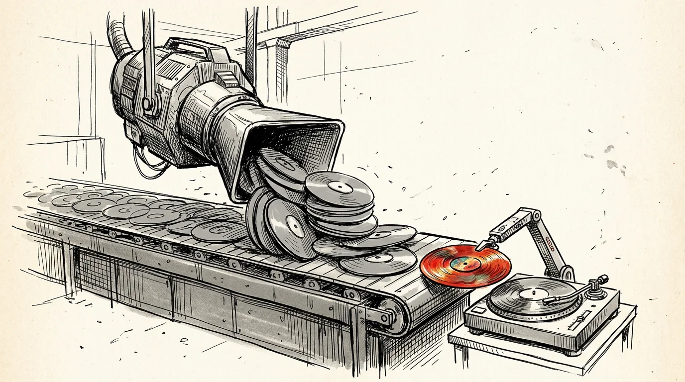 Ilustracja: przemysłowy odkurzacz zasysa setki identycznych szarych płyt z taśmociągu, a jedna kolorowa płyta trafia na gramofon