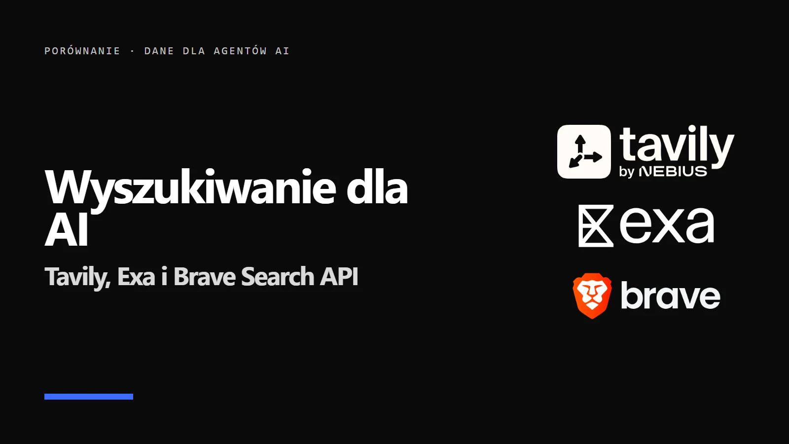 Logo Tavily, Exa i Brave oraz napis Wyszukiwanie dla AI